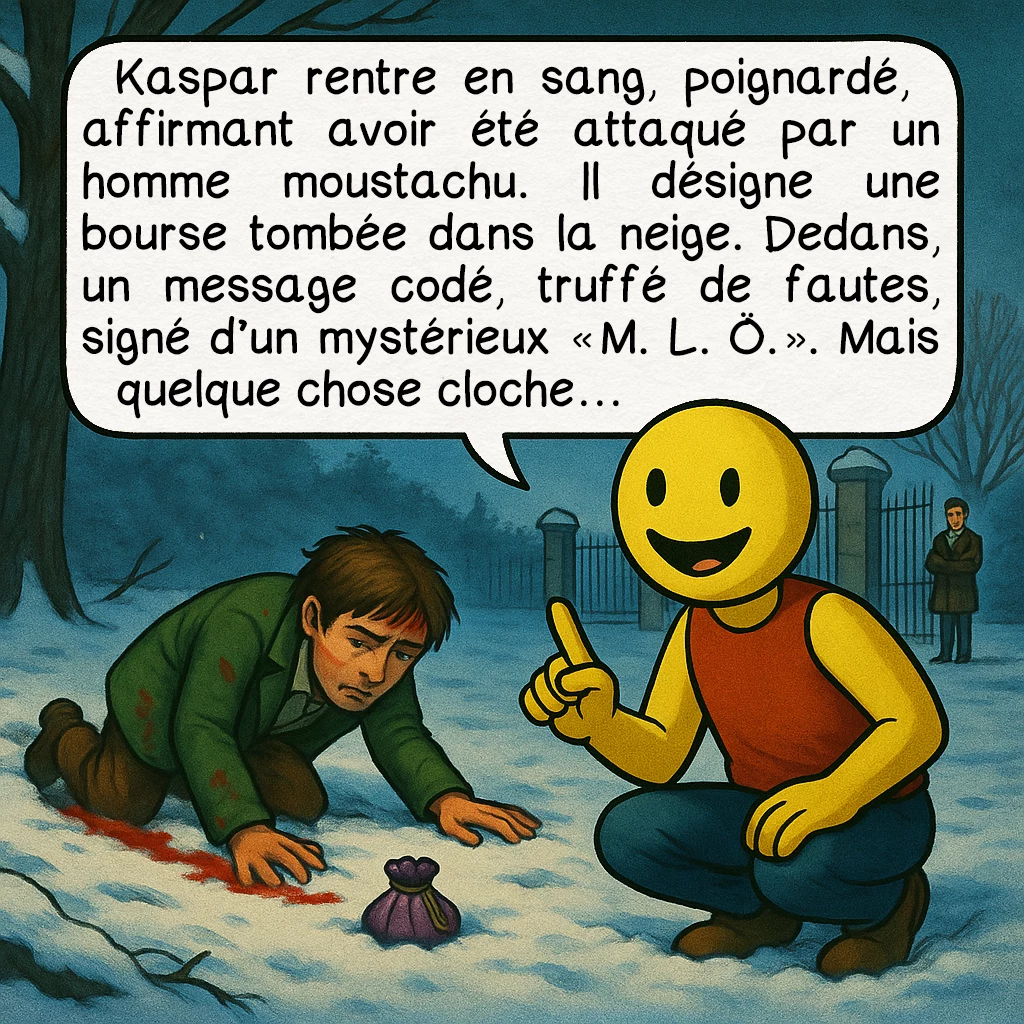 Kaspar Hauser, case 7 : Kaspar rentre en sang, poignardé, affirmant avoir été attaqué par un homme moustachu. Il désigne une bourse tombée dans la neige. Dedans, un message codé, truffé de fautes, signé d’un mystérieux « M. L. Ö. ». Mais quelque chose cloche…