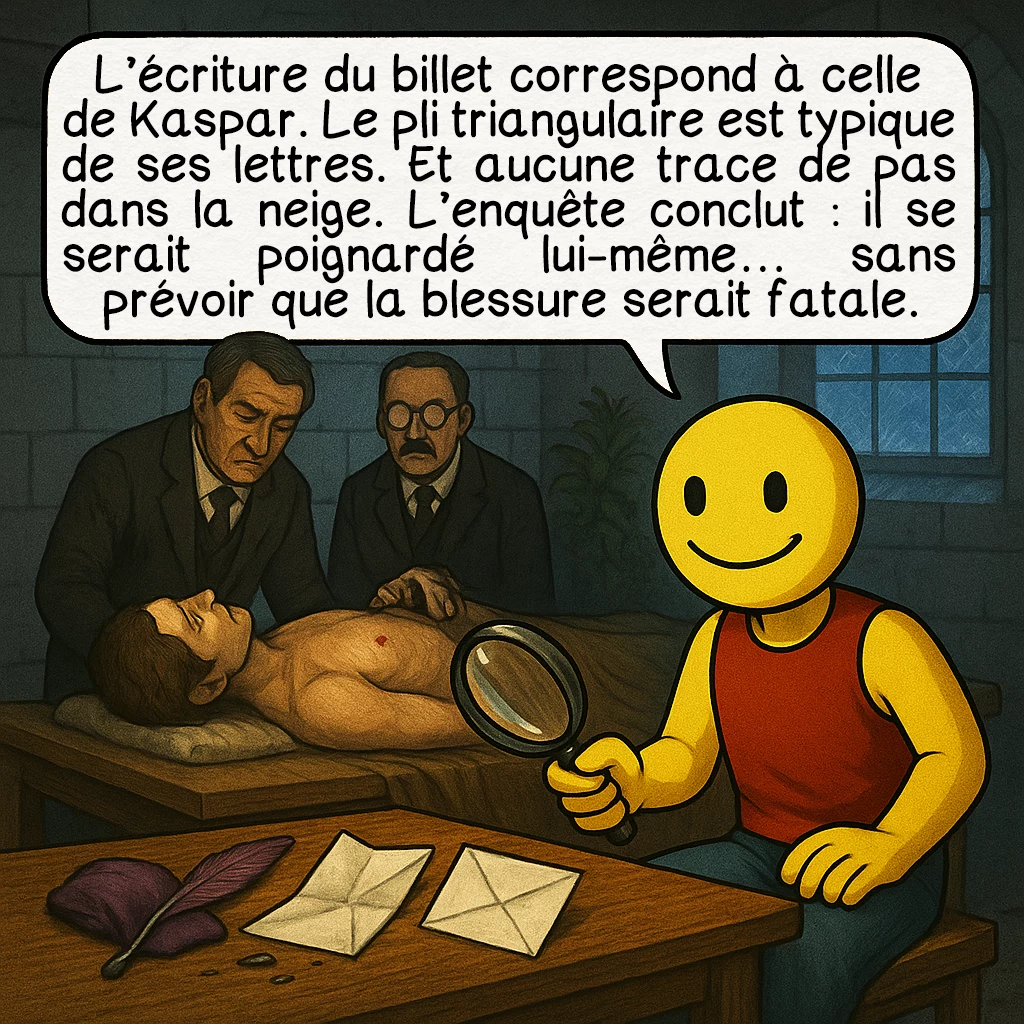Kaspar Hauser, case 8 : L’écriture du billet correspond à celle de Kaspar. Le pli triangulaire est typique de ses lettres. Et aucune trace de pas dans la neige. L’enquête conclut : il se serait poignardé lui-même… sans prévoir que la blessure serait fatale.