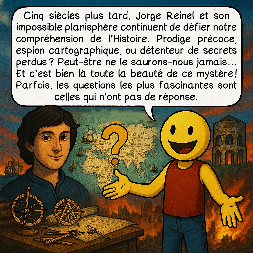 La carte de Jorge Reinel, case 10 : Cinq siècles plus tard, Jorge Reinel et son impossible planisphère continuent de défier notre compréhension de l’Histoire. Prodige précoce, espion cartographique, ou détenteur de secrets perdus ? Peut-être ne le saurons-nous jamais… Et c’est bien là toute la beauté de ce mystère ! Parfois, les questions les plus fascinantes sont celles qui n’ont pas de réponse.