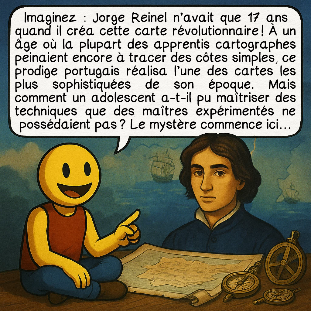 La carte de Jorge Reinel, case 2 : Imaginez : Jorge Reinel n’avait que 17 ans quand il créa cette carte révolutionnaire ! À un âge où la plupart des apprentis cartographes peinaient encore à tracer des côtes simples, ce prodige portugais réalisa l’une des cartes les plus sophistiquées de son époque. Mais comment un adolescent a-t-il pu maîtriser des techniques que des maîtres expérimentés ne possédaient pas ? Le mystère commence ici…
