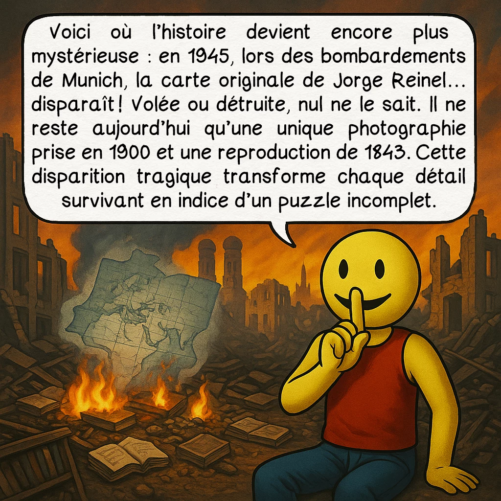La carte de Jorge Reinel, case 3 : Voici où l’histoire devient encore plus mystérieuse : en 1945, lors des bombardements de Munich, la carte originale de Jorge Reinel… disparaît ! Volée ou détruite, nul ne le sait. Il ne reste aujourd’hui qu’une unique photographie prise en 1900 et une reproduction de 1843. Cette disparition tragique transforme chaque détail survivant en indice d’un puzzle incomplet.