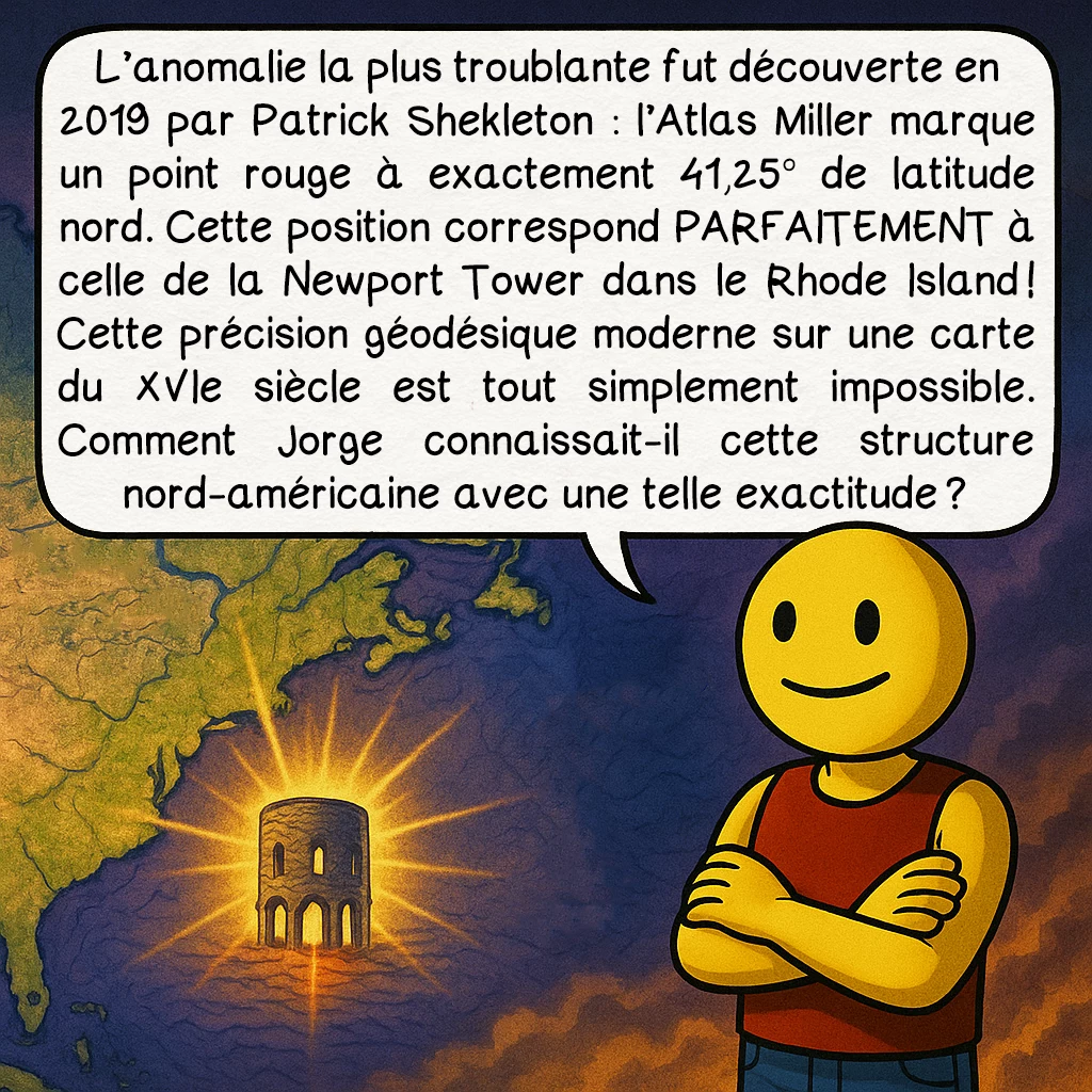 La carte de Jorge Reinel, case 5 : L’anomalie la plus troublante fut découverte en 2019 par Patrick Shekleton : l’Atlas Miller marque un point rouge à exactement 41,25° de latitude nord. Cette position correspond PARFAITEMENT à celle de la Newport Tower dans le Rhode Island ! Cette précision géodésique moderne sur une carte du XVIe siècle est tout simplement impossible. Comment Jorge connaissait-il cette structure nord-américaine avec une telle exactitude ?
