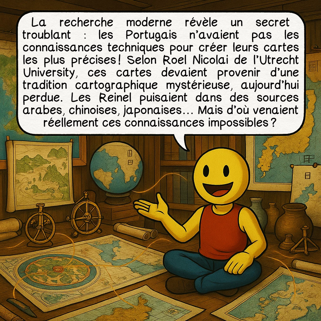 La carte de Jorge Reinel, case 6 : La recherche moderne révèle un secret troublant : les Portugais n’avaient pas les connaissances techniques pour créer leurs cartes les plus précises ! Selon Roel Nicolai de l’Utrecht University, ces cartes devaient provenir d’une tradition cartographique mystérieuse, aujourd’hui perdue. Les Reinel puisaient dans des sources arabes, chinoises, japonaises… Mais d’où venaient réellement ces connaissances impossibles ?