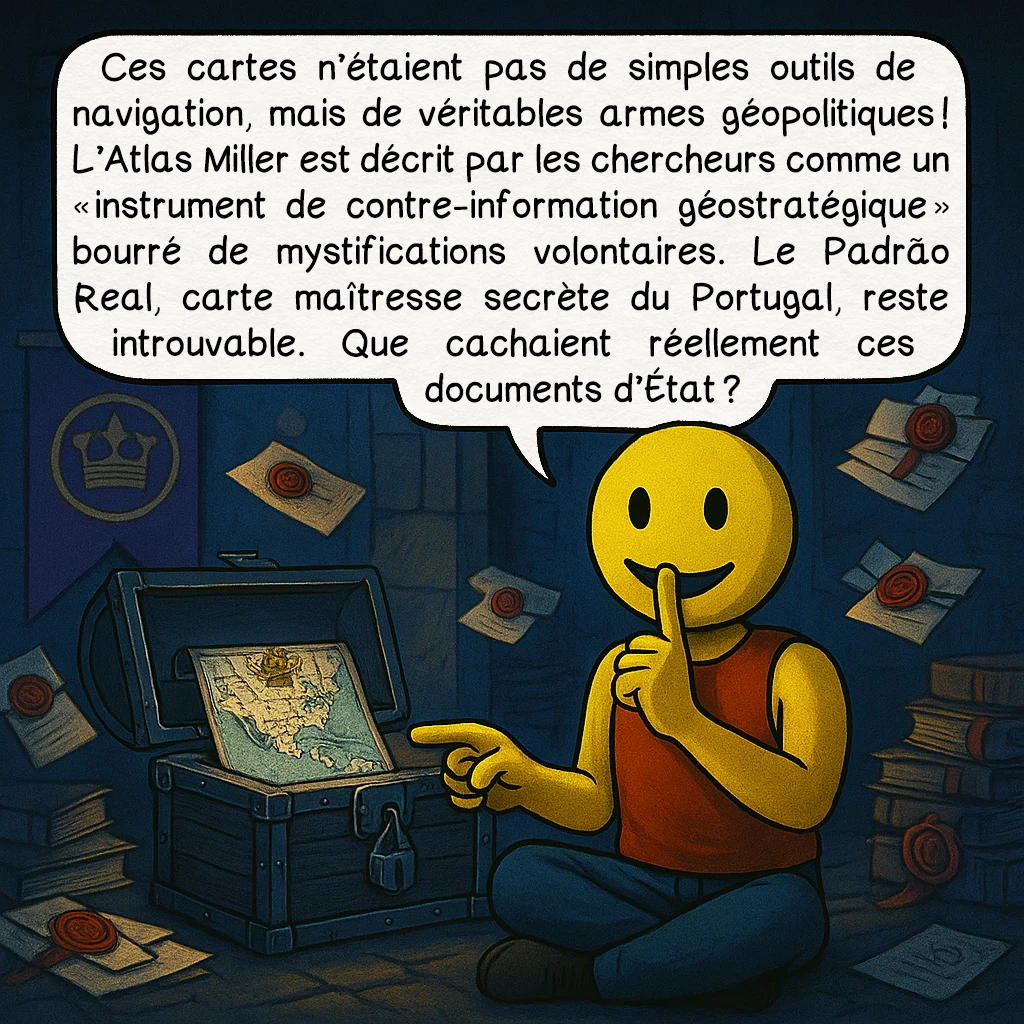 La carte de Jorge Reinel, case 7 : Ces cartes n’étaient pas de simples outils de navigation, mais de véritables armes géopolitiques ! L’Atlas Miller est décrit par les chercheurs comme un « instrument de contre-information géostratégique » bourré de mystifications volontaires. Le Padrão Real, carte maîtresse secrète du Portugal, reste introuvable. Que cachaient réellement ces documents d’État ?