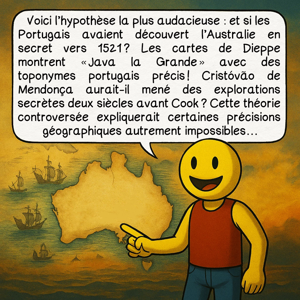 La carte de Jorge Reinel, case 8 : Voici l’hypothèse la plus audacieuse : et si les Portugais avaient découvert l’Australie en secret vers 1521 ? Les cartes de Dieppe montrent « Java la Grande » avec des toponymes portugais précis ! Cristóvão de Mendonça aurait-il mené des explorations secrètes deux siècles avant Cook ? Cette théorie controversée expliquerait certaines précisions géographiques autrement impossibles…