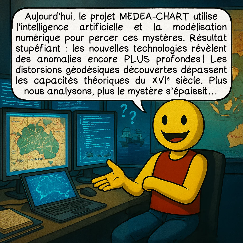 La carte de Jorge Reinel, case 9 : Aujourd’hui, le projet MEDEA-CHART utilise l’intelligence artificielle et la modélisation numérique pour percer ces mystères. Résultat stupéfiant : les nouvelles technologies révèlent des anomalies encore PLUS profondes ! Les distorsions géodésiques découvertes dépassent les capacités théoriques du XVIe siècle. Plus nous analysons, plus le mystère s’épaissit…