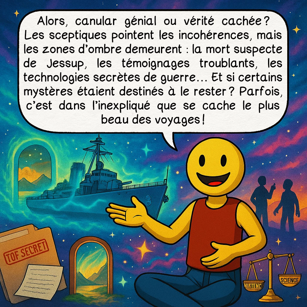 L’expérience de Philadelphie, case 10 : Alors, canular génial ou vérité cachée ? Les sceptiques pointent les incohérences, mais les zones d’ombre demeurent : la mort suspecte de Jessup, les témoignages troublants, les technologies secrètes de guerre… Et si certains mystères étaient destinés à le rester ? Parfois, c’est dans l’inexpliqué que se cache le plus beau des voyages !