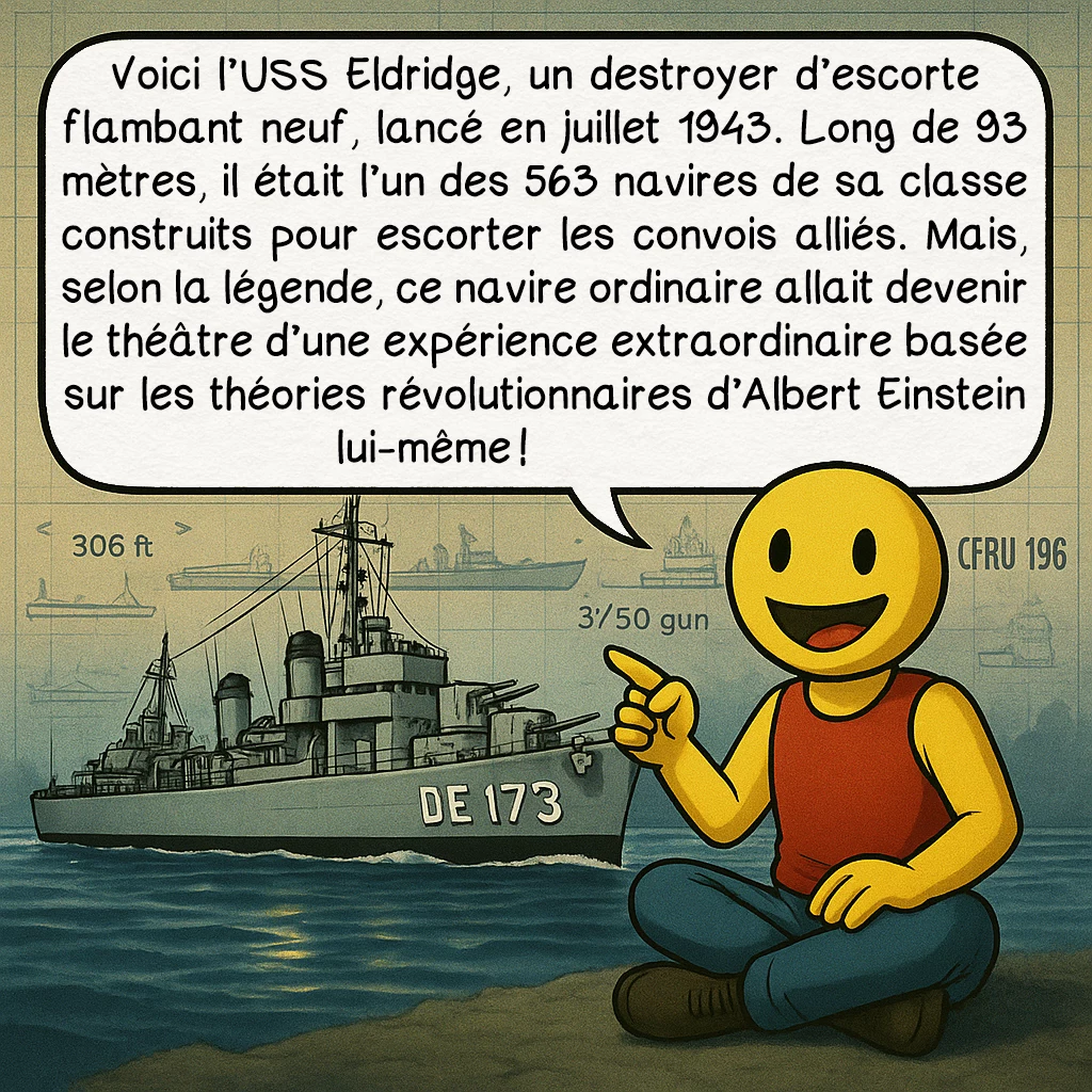 L’expérience de Philadelphie, case 2 : Voici l’USS Eldridge, un destroyer d’escorte flambant neuf, lancé en juillet 1943. Long de 93 mètres, il était l’un des 563 navires de sa classe construits pour escorter les convois alliés. Mais, selon la légende, ce navire ordinaire allait devenir le théâtre d’une expérience extraordinaire basée sur les théories révolutionnaires d’Albert Einstein lui-même !