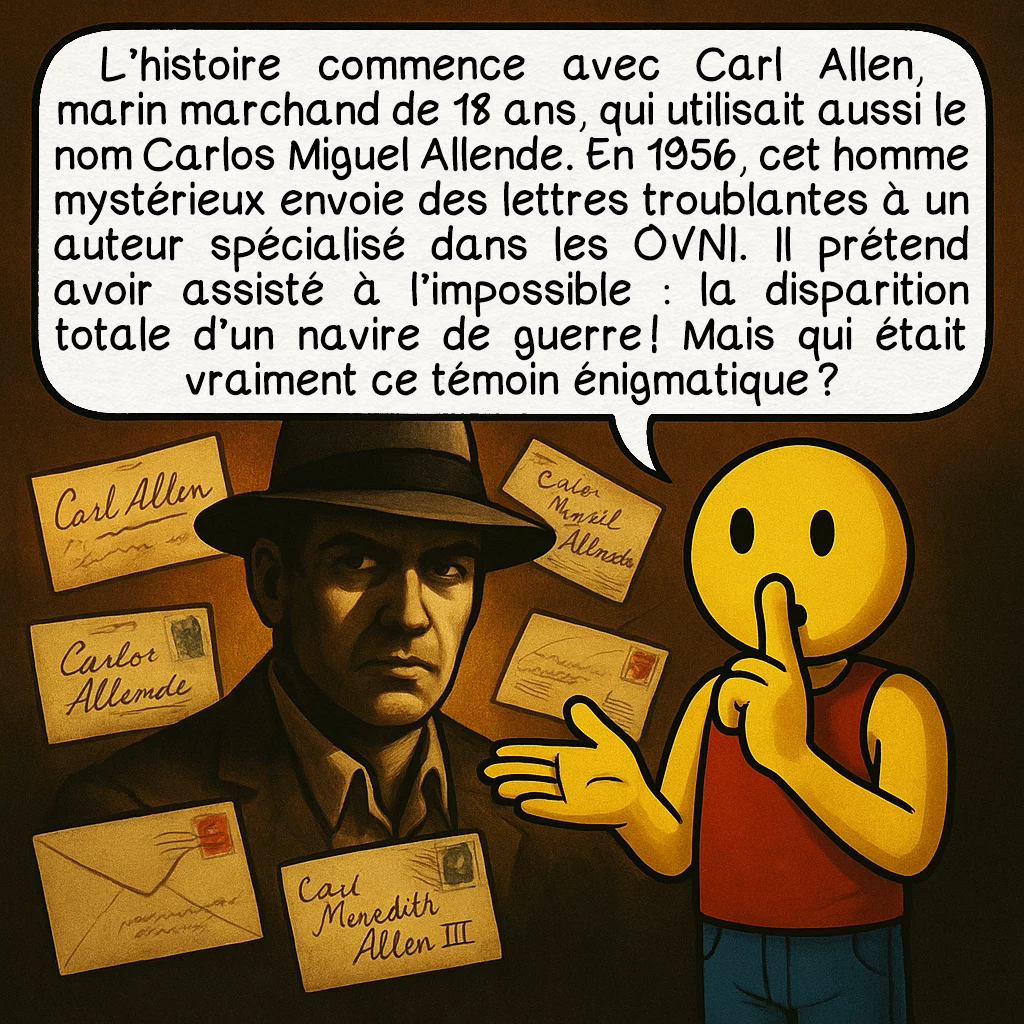 L’expérience de Philadelphie, case 3 : L’histoire commence avec Carl Allen, marin marchand de 18 ans, qui utilisait aussi le nom Carlos Miguel Allende. En 1956, cet homme mystérieux envoie des lettres troublantes à un auteur spécialisé dans les OVNI. Il prétend avoir assisté à l’impossible : la disparition totale d’un navire de guerre ! Mais qui était vraiment ce témoin énigmatique ?