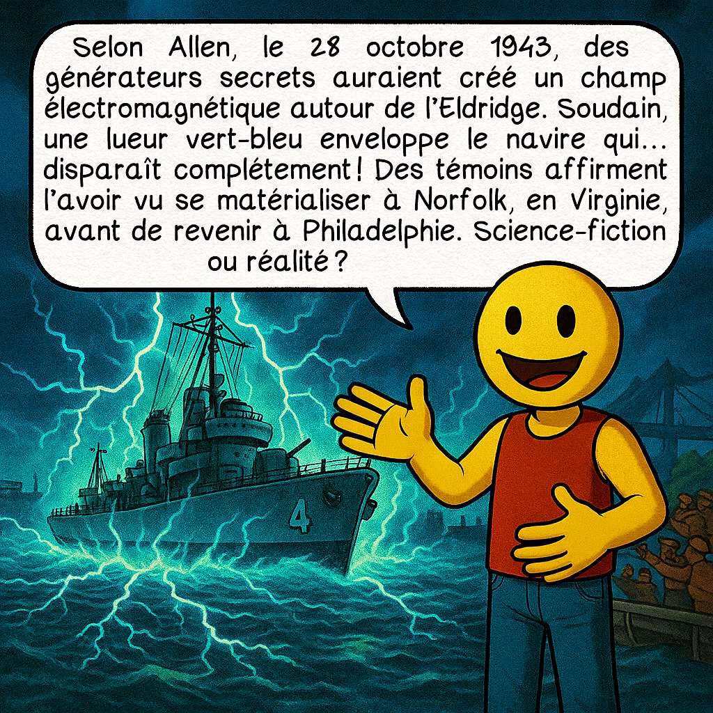 L’expérience de Philadelphie, case 4 : Selon Allen, le 28 octobre 1943, des générateurs secrets auraient créé un champ électromagnétique autour de l’Eldridge. Soudain, une lueur vert-bleu enveloppe le navire qui… disparaît complétement ! Des témoins affirment l’avoir vu se matérialiser à Norfolk, en Virginie, avant de revenir à Philadelphie. Science-fiction ou réalité ?