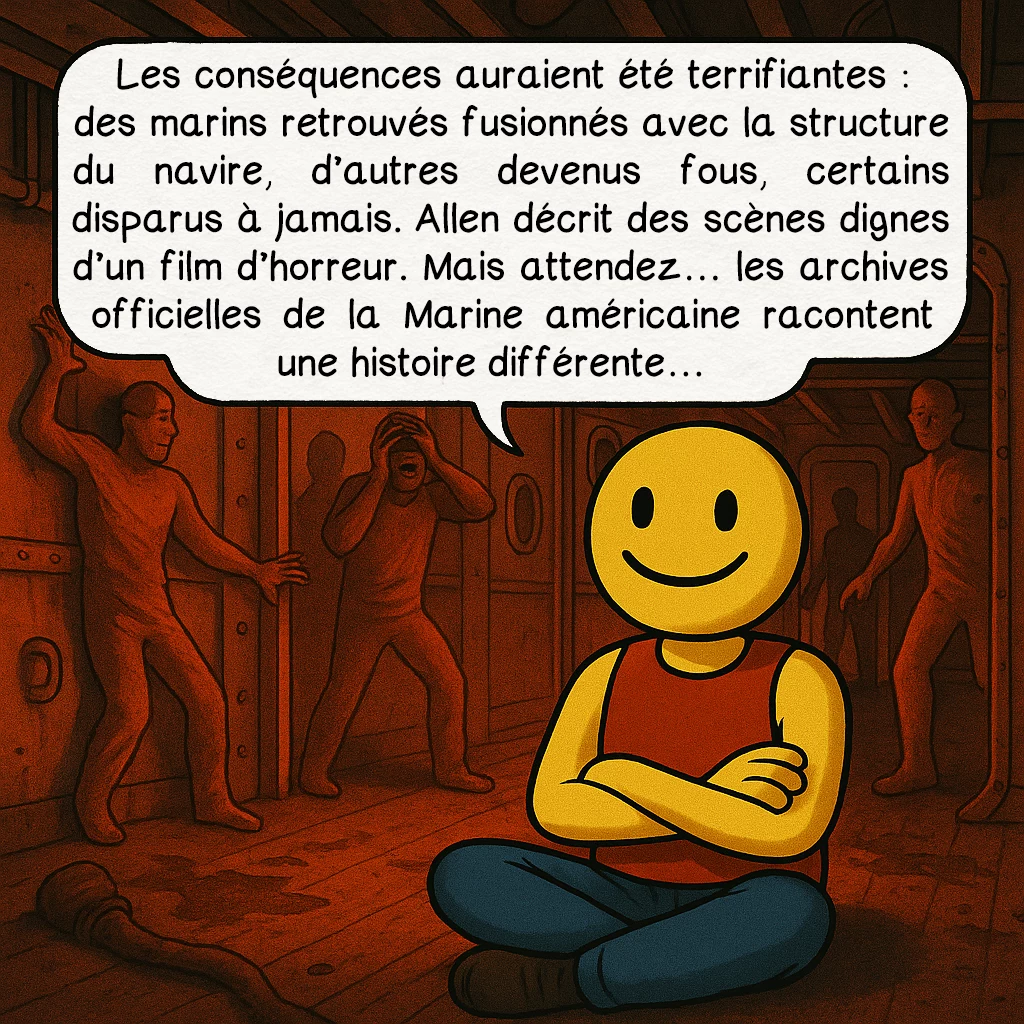 L’expérience de Philadelphie, case 5 : Les conséquences auraient été terrifiantes : des marins retrouvés fusionnés avec la structure du navire, d’autres devenus fous, certains disparus à jamais. Allen décrit des scènes dignes d’un film d’horreur. Mais attendez… les archives officielles de la Marine américaine racontent une histoire différente…