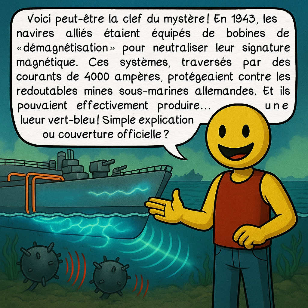 L’expérience de Philadelphie, case 7 : Voici peut-être la clef du mystère ! En 1943, les navires alliés étaient équipés de bobines de « démagnétisation » pour neutraliser leur signature magnétique. Ces systèmes, traversés par des courants de 4000 ampères, protégeaient contre les redoutables mines sous-marines allemandes. Et ils pouvaient effectivement produire… une lueur vert-bleu ! Simple explication ou couverture officielle ?
