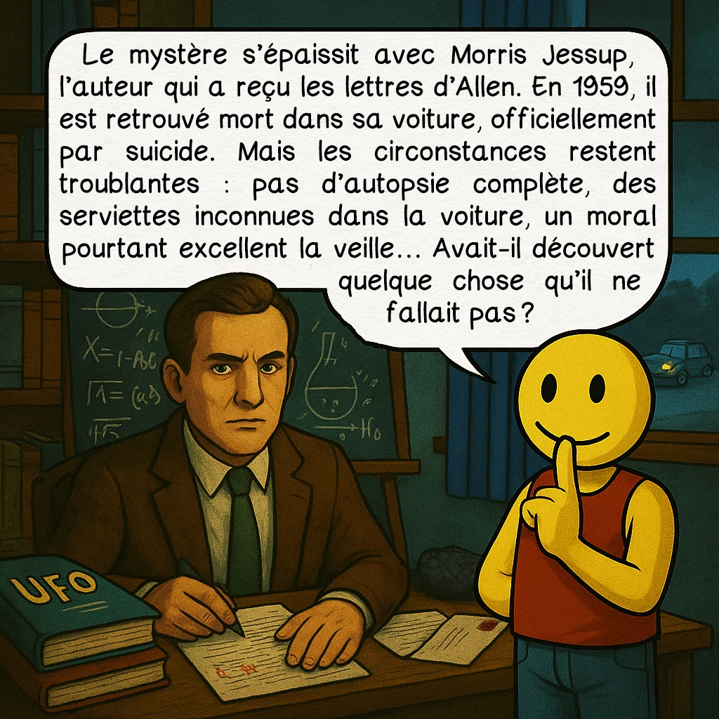 L’expérience de Philadelphie, case 8 : Le mystère s’épaissit avec Morris Jessup, l’auteur qui a reçu les lettres d’Allen. En 1959, il est retrouvé mort dans sa voiture, officiellement par suicide. Mais les circonstances restent troublantes : pas d’autopsie complète, des serviettes inconnues dans la voiture, un moral pourtant excellent la veille… Avait-il découvert quelque chose qu’il ne fallait pas ?