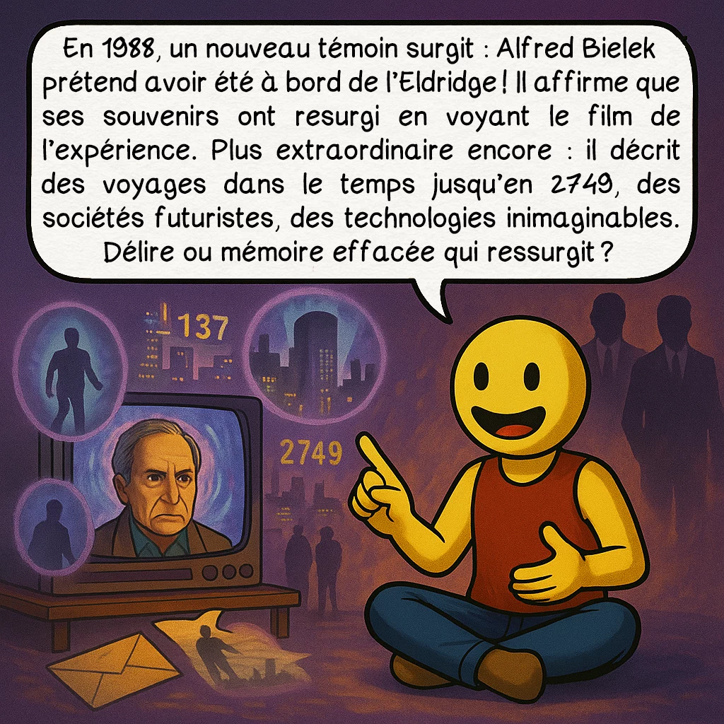 L’expérience de Philadelphie, case 9 : En 1988, un nouveau témoin surgit : Alfred Bielek prétend avoir été à bord de l’Eldridge ! Il affirme que ses souvenirs ont resurgi en voyant le film de l’expérience. Plus extraordinaire encore : il décrit des voyages dans le temps jusqu’en 2749, des sociétés futuristes, des technologies inimaginables. Délire ou mémoire effacée qui ressurgit ?