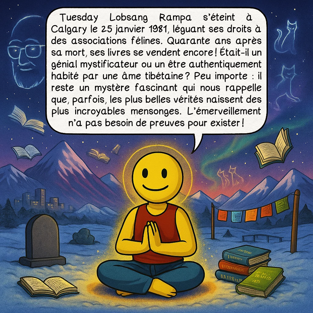 Lobsang Rampa, case 10 : Tuesday Lobsang Rampa s’éteint à Calgary le 25 janvier 1981, léguant ses droits à des associations félines. Quarante ans après sa mort, ses livres se vendent encore ! Était-il un génial mystificateur ou un être authentiquement habité par une âme tibétaine ? Peu importe : il reste un mystère fascinant qui nous rappelle que, parfois, les plus belles vérités naissent des plus incroyables mensonges. L’émerveillement n’a pas besoin de preuves pour exister !