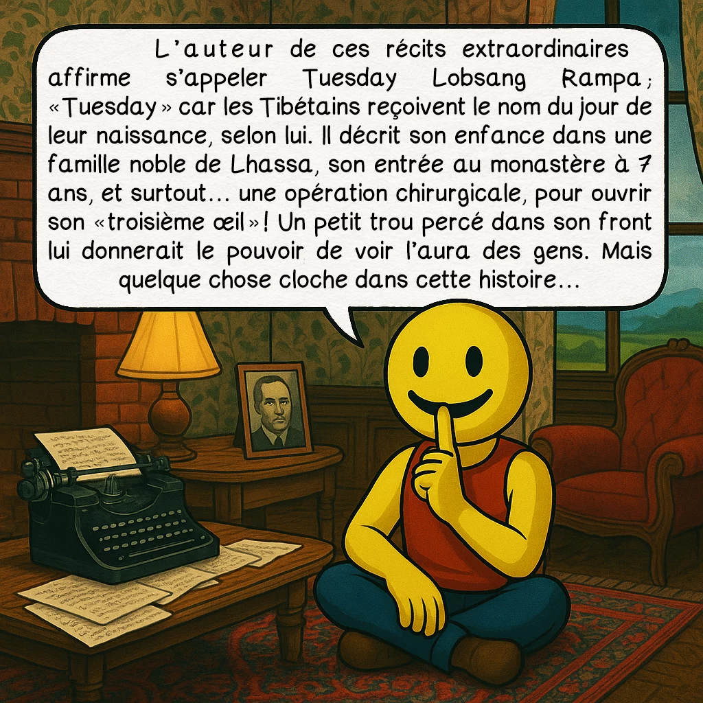 Lobsang Rampa, case 2 : L’auteur de ces récits extraordinaires affirme s’appeler Tuesday Lobsang Rampa ; « Tuesday » car les Tibétains reçoivent le nom du jour de leur naissance, selon lui. Il décrit son enfance dans une famille noble de Lhassa, son entrée au monastère à 7 ans, et surtout… une opération chirurgicale, pour ouvrir son « troisième œil » ! Un petit trou percé dans son front lui donnerait le pouvoir de voir l’aura des gens. Mais quelque chose cloche dans cette histoire…