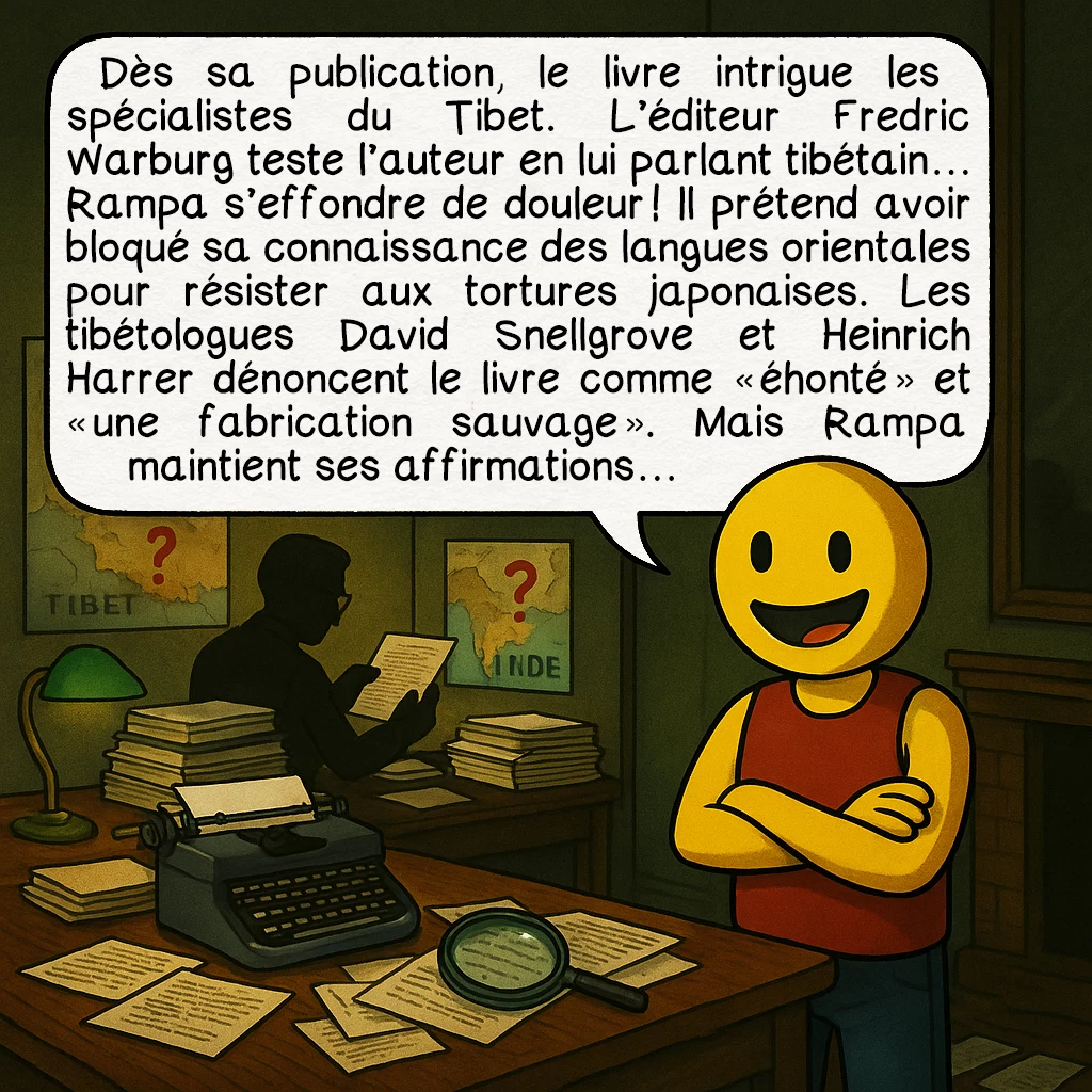 Lobsang Rampa, case 3 : Dès sa publication, le livre intrigue les spécialistes du Tibet. L’éditeur Fredric Warburg teste l’auteur en lui parlant tibétain… Rampa s’effondre de douleur ! Il prétend avoir bloqué sa connaissance des langues orientales pour résister aux tortures japonaises. Les tibétologues David Snellgrove et Heinrich Harrer dénoncent le livre comme « éhonté » et « une fabrication sauvage ». Mais Rampa maintient ses affirmations…