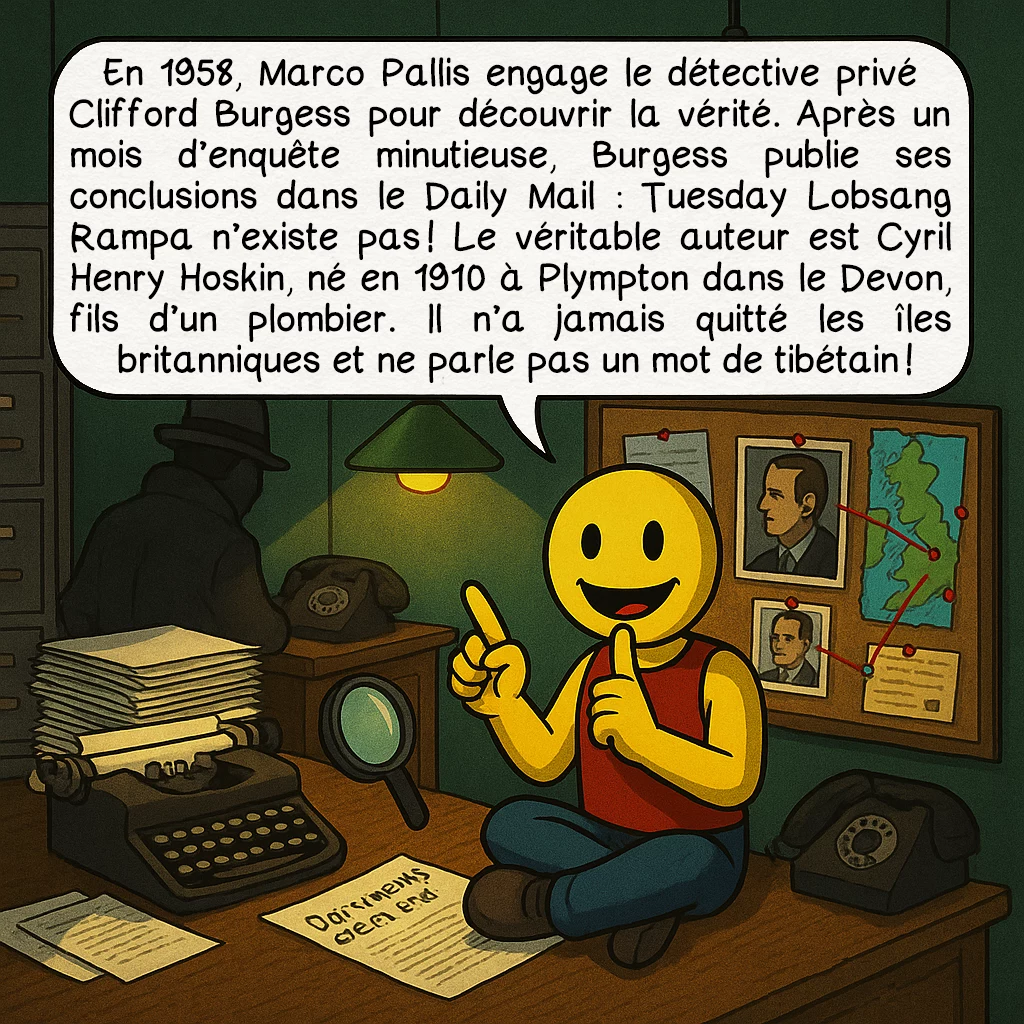 Lobsang Rampa, case 4 : En 1958, Marco Pallis engage le détective privé Clifford Burgess pour découvrir la vérité. Après un mois d’enquête minutieuse, Burgess publie ses conclusions dans le Daily Mail : Tuesday Lobsang Rampa n’existe pas ! Le véritable auteur est Cyril Henry Hoskin, né en 1910 à Plympton dans le Devon, fils d’un plombier. Il n’a jamais quitté les îles britanniques et ne parle pas un mot de tibétain !
