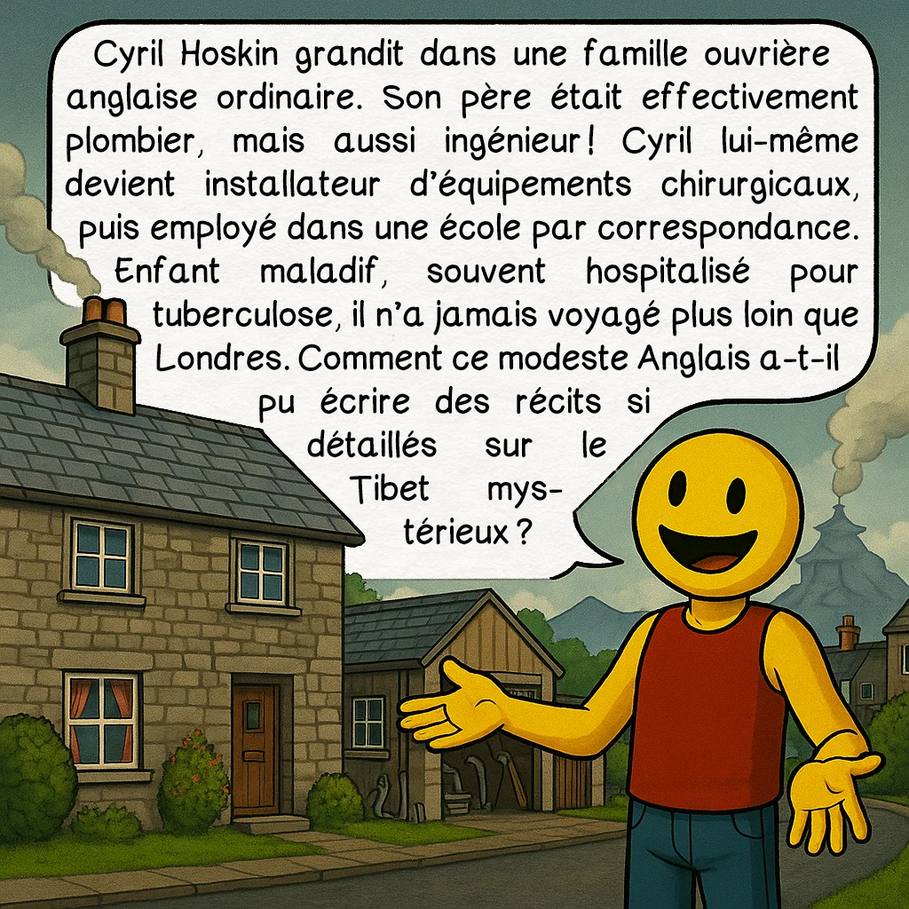 Lobsang Rampa, case 5 : Cyril Hoskin grandit dans une famille ouvrière anglaise ordinaire. Son père était effectivement plombier, mais aussi ingénieur ! Cyril lui-même devient installateur d’équipements chirurgicaux, puis employé dans une école par correspondance. Enfant maladif, souvent hospitalisé pour tuberculose, il n’a jamais voyagé plus loin que Londres. Comment ce modeste Anglais a-t-il pu écrire des récits si détaillés sur le Tibet mystérieux ?