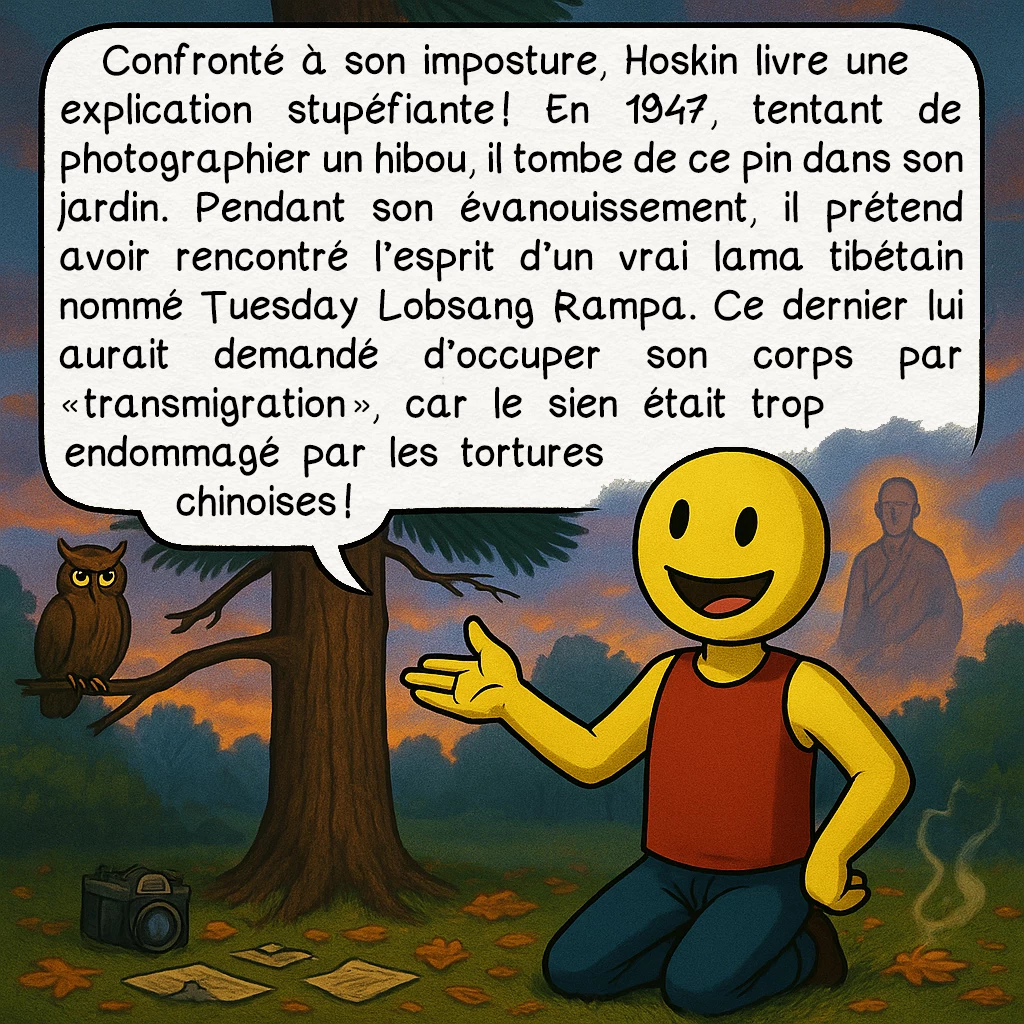 Lobsang Rampa, case 6 : Confronté à son imposture, Hoskin livre une explication stupéfiante ! En 1947, tentant de photographier un hibou, il tombe de ce pin dans son jardin. Pendant son évanouissement, il prétend avoir rencontré l’esprit d’un vrai lama tibétain nommé Tuesday Lobsang Rampa. Ce dernier lui aurait demandé d’occuper son corps par « transmigration », car le sien était trop endommagé par les tortures chinoises !
