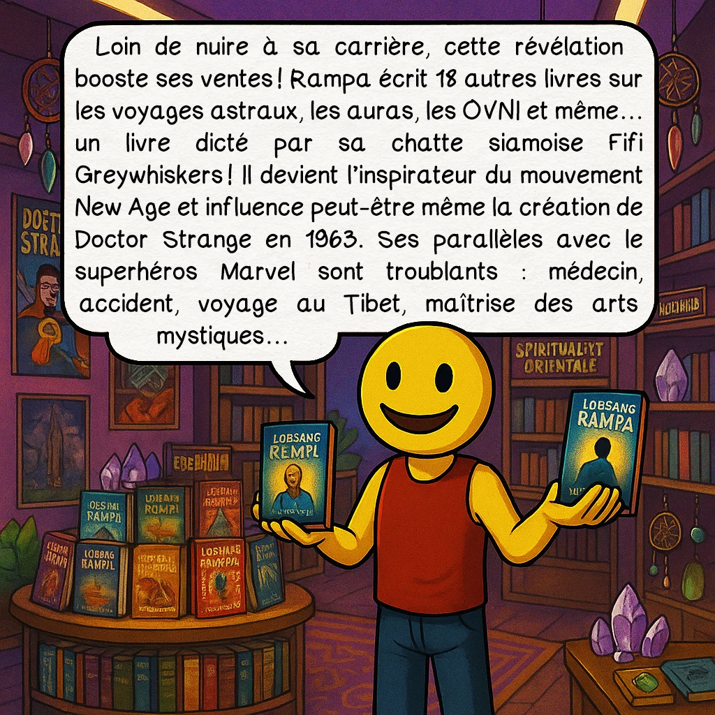 Lobsang Rampa, case 7 : Loin de nuire à sa carrière, cette révélation booste ses ventes ! Rampa écrit 18 autres livres sur les voyages astraux, les auras, les OVNI et même… un livre dicté par sa chatte siamoise Fifi Greywhiskers ! Il devient l’inspirateur du mouvement New Age et influence peut-être même la création de Doctor Strange en 1963. Ses parallèles avec le superhéros Marvel sont troublants : médecin, accident, voyage au Tibet, maîtrise des arts mystiques…