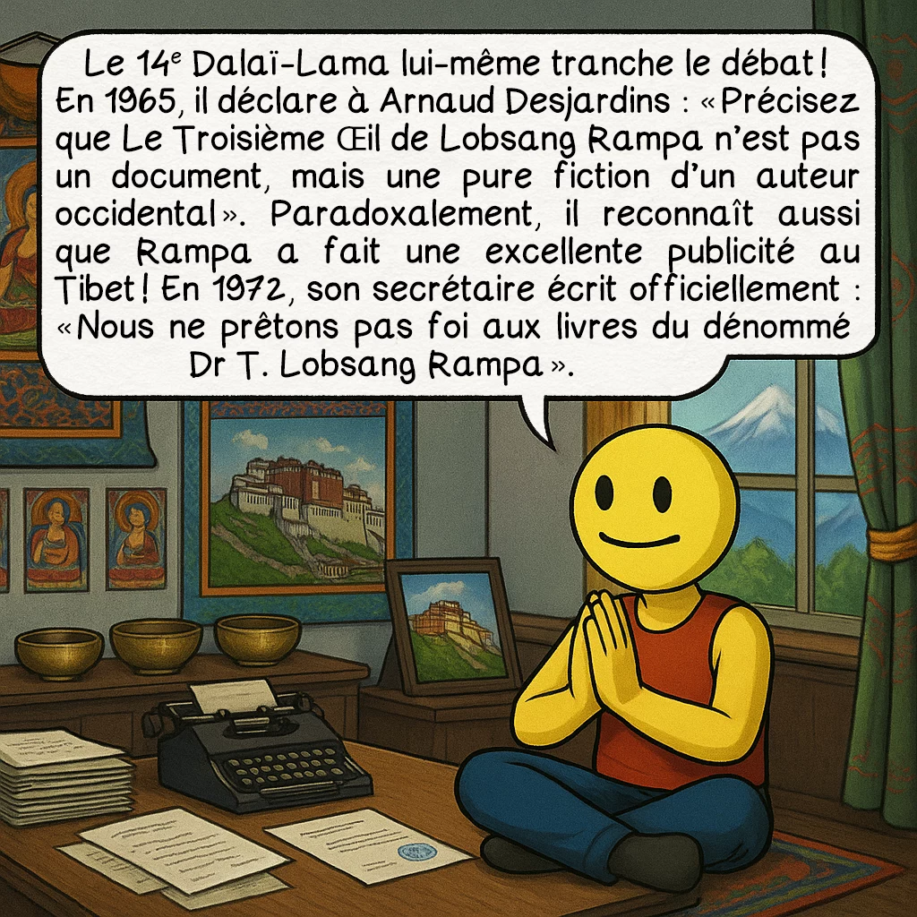 Lobsang Rampa, case 8 : Le 14e Dalaï-Lama lui-même tranche le débat ! En 1965, il déclare à Arnaud Desjardins : « Précisez que Le Troisième Œil de Lobsang Rampa n’est pas un document, mais une pure fiction d’un auteur occidental ». Paradoxalement, il reconnaît aussi que Rampa a fait une excellente publicité au Tibet ! En 1972, son secrétaire écrit officiellement : « Nous ne prêtons pas foi aux livres du dénommé Dr T. Lobsang Rampa ».