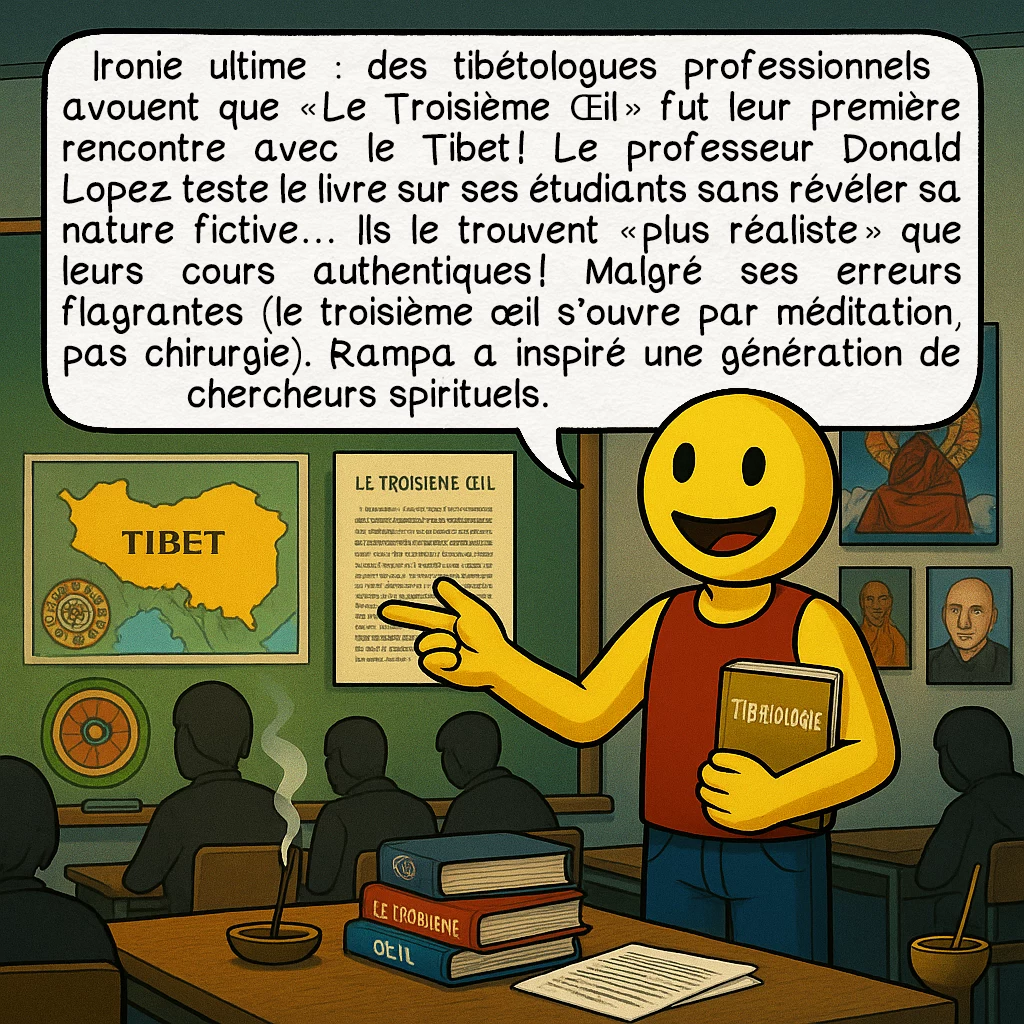 Lobsang Rampa, case 9 : Ironie ultime : des tibétologues professionnels avouent que « Le Troisième Œil » fut leur première rencontre avec le Tibet ! Le professeur Donald Lopez teste le livre sur ses étudiants sans révéler sa nature fictive… Ils le trouvent « plus réaliste » que leurs cours authentiques ! Malgré ses erreurs flagrantes — le troisième œil s’ouvre par méditation, pas chirurgie — Rampa a inspiré une génération de chercheurs spirituels.