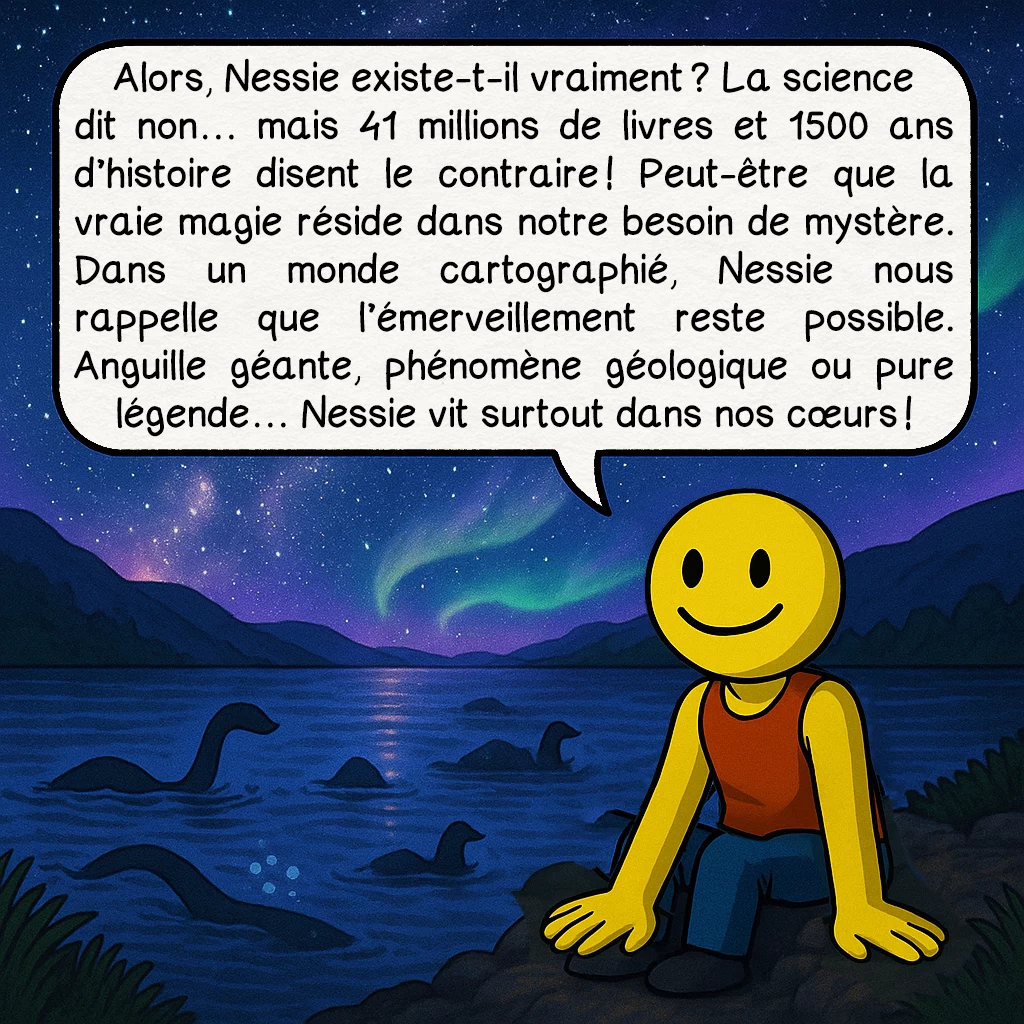 Le monstre du loch Ness, case 10 : Alors, Nessie existe-t-elle vraiment ? La science dit non… mais 41 millions de livres et 1500 ans d’histoire disent le contraire ! Peut-être que la vraie magie réside dans notre besoin de mystère. Dans un monde cartographié, Nessie nous rappelle que l’émerveillement reste possible. Anguille géante, phénomène géologique ou pure légende… Nessie vit surtout dans nos cœurs !
