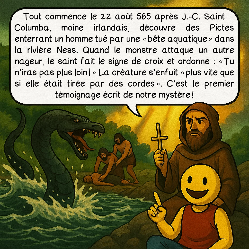 Le monstre du loch Ness, case 2 : Tout commence le 22 août 565 après J.-C. Saint Columba, moine irlandais, découvre des Pictes enterrant un homme tué par une « bête aquatique » dans la rivière Ness. Quand le monstre attaque un autre nageur, le saint fait le signe de croix et ordonne : « Tu n’iras pas plus loin ! » La créature s’enfuit « plus vite que si elle était tirée par des cordes ». C’est le premier témoignage écrit de notre mystère !