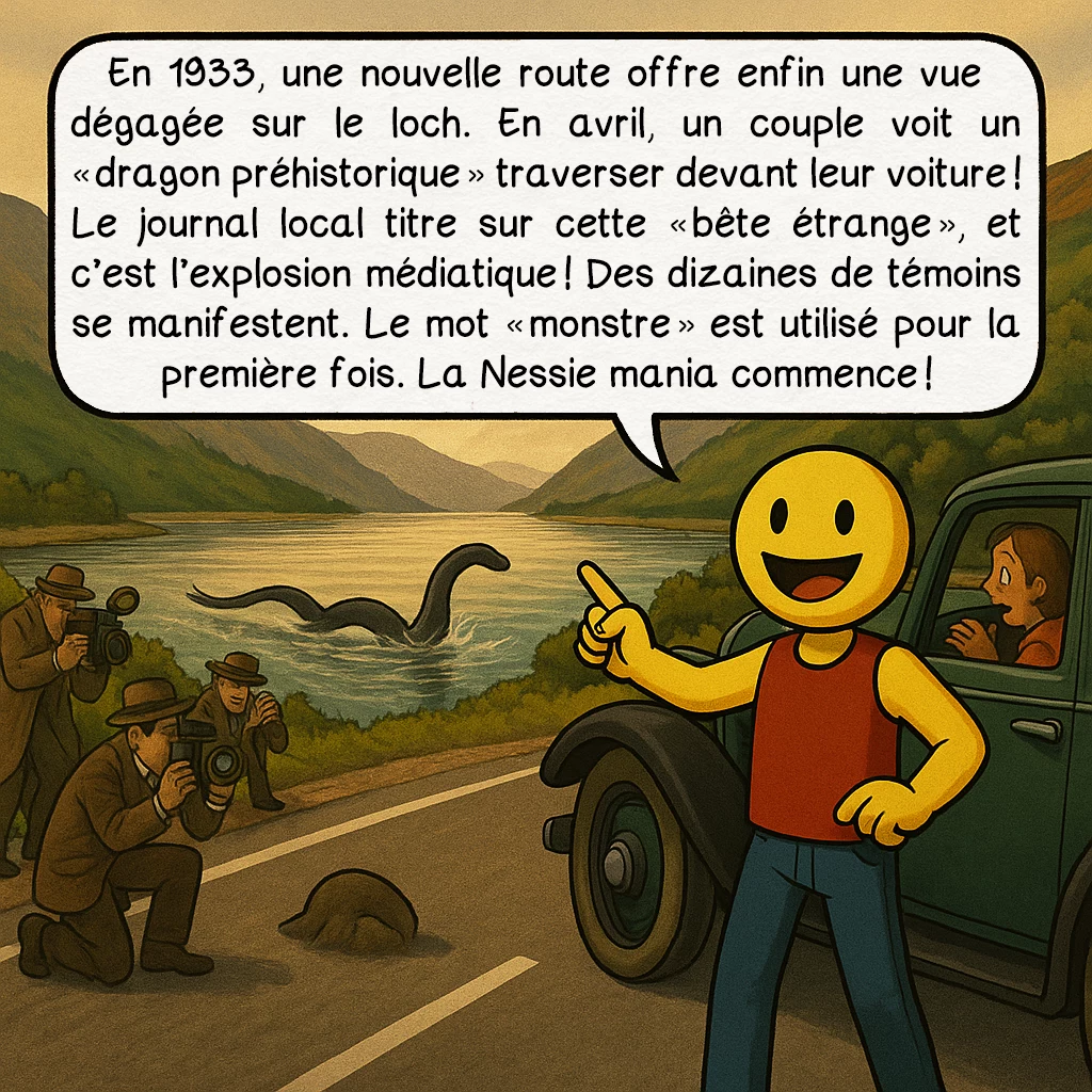 Le monstre du loch Ness, case 3 : En 1933, une nouvelle route offre enfin une vue dégagée sur le loch. En avril, un couple voit un « dragon préhistorique » traverser devant leur voiture ! Le journal local titre sur cette « bête étrange », et c’est l’explosion médiatique ! Des dizaines de témoins se manifestent. Le mot « monstre » est utilisé pour la première fois. La Nessie mania commence !