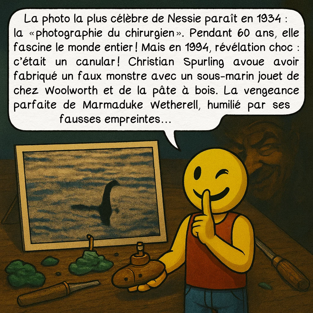 Le monstre du loch Ness, case 4 : La photo la plus célèbre de Nessie paraît en 1934 : la « photographie du chirurgien ». Pendant 60 ans, elle fascine le monde entier ! Mais en 1994, révélation choc : c’était un canular ! Christian Spurling avoue avoir fabriqué un faux monstre avec un sous-marin jouet de chez Woolworth et de la pâte à bois. La vengeance parfaite de Marmaduke Wetherell, humilié par ses fausses empreintes…