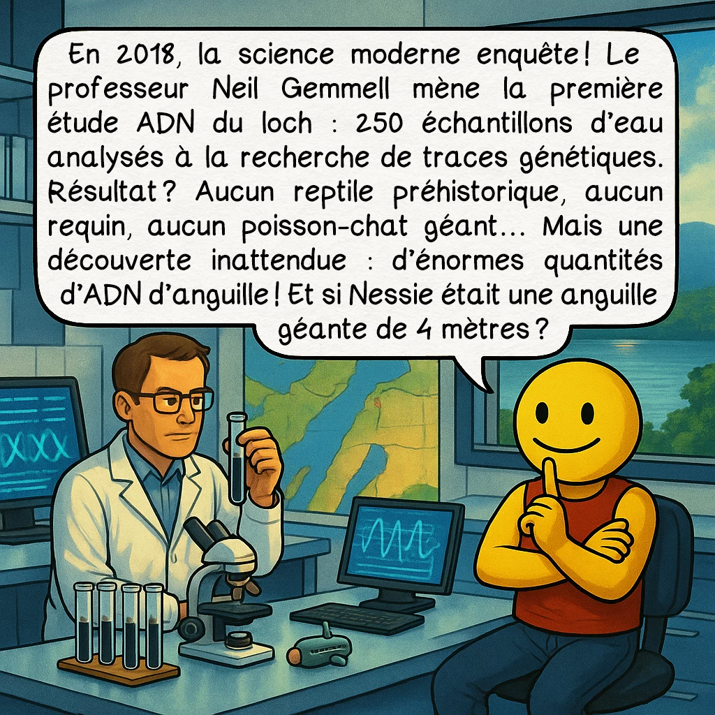 Le monstre du loch Ness, case 5 : En 2018, la science moderne enquête ! Le professeur Neil Gemmell mène la première étude ADN du loch : 250 échantillons d’eau analysés à la recherche de traces génétiques. Résultat ? Aucun reptile préhistorique, aucun requin, aucun poisson-chat géant… Mais une découverte inattendue : d’énormes quantités d’ADN d’anguille ! Et si Nessie était une anguille géante de 4 mètres ?