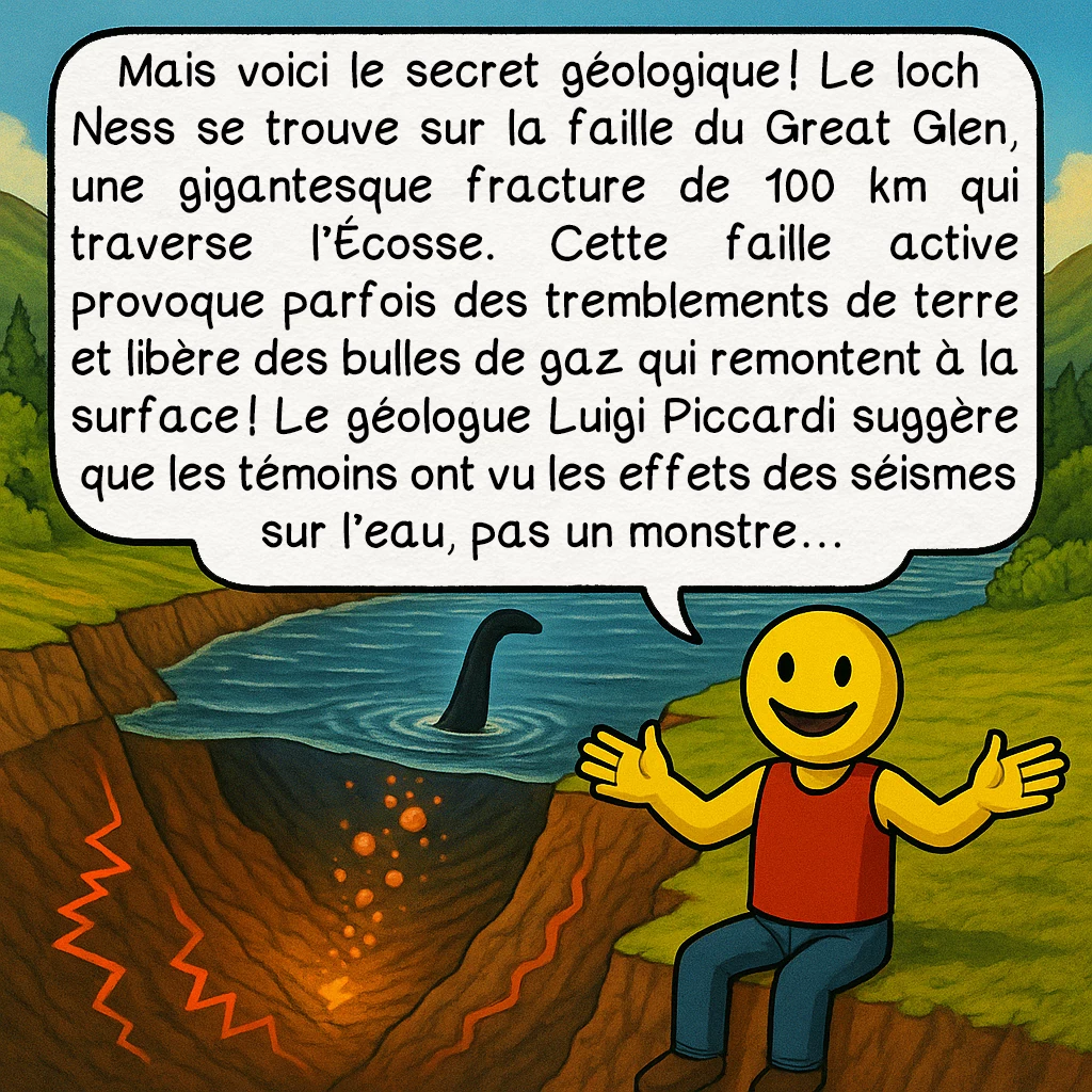 Le monstre du loch Ness, case 6 : Mais voici le secret géologique ! Le loch Ness se trouve sur la faille du Great Glen, une gigantesque fracture de 100 km qui traverse l’Écosse. Cette faille active provoque parfois des tremblements de terre et libère des bulles de gaz qui remontent à la surface ! Le géologue Luigi Piccardi suggère que les témoins ont vu les effets des séismes sur l’eau, pas un monstre…