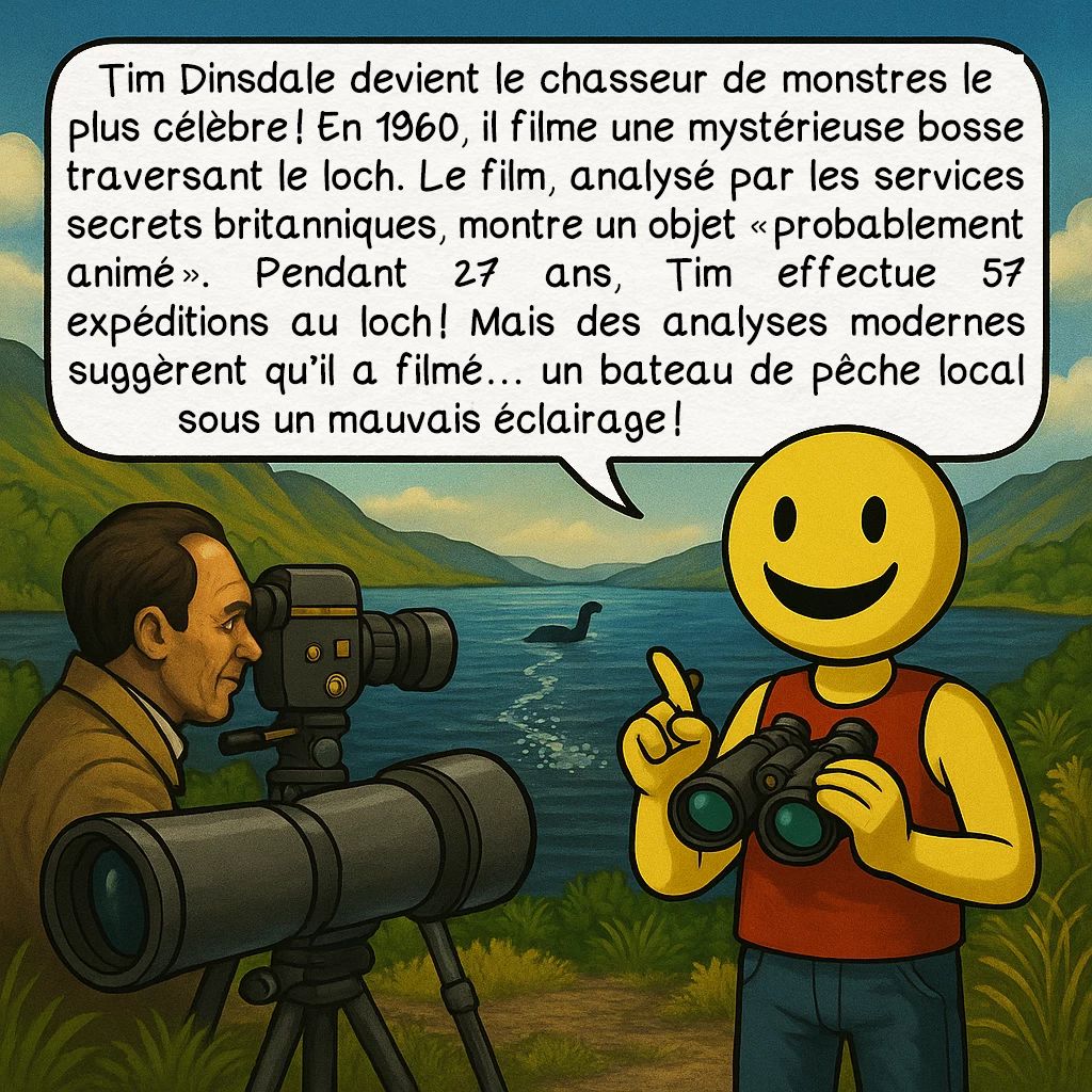 Le monstre du loch Ness, case 7 : Tim Dinsdale devient le chasseur de monstres le plus célèbre ! En 1960, il filme une mystérieuse bosse traversant le loch. Le film, analysé par les services secrets britanniques, montre un objet « probablement animé ». Pendant 27 ans, Tim effectue 57 expéditions au loch ! Mais des analyses modernes suggèrent qu’il a filmé… un bateau de pêche local sous un mauvais éclairage !