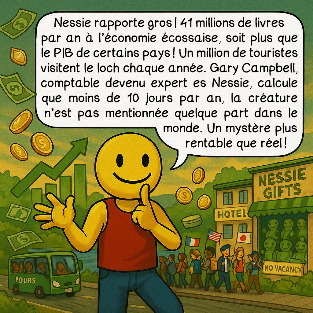 Le monstre du loch Ness, case 8 : Nessie rapporte gros ! 41 millions de livres par an à l’économie écossaise, soit plus que le PIB de certains pays ! Un million de touristes visitent le loch chaque année. Gary Campbell, comptable devenu expert es Nessie, calcule que moins de 10 jours par an, la créature n’est pas mentionnée quelque part dans le monde. Un mystère plus rentable que réel !