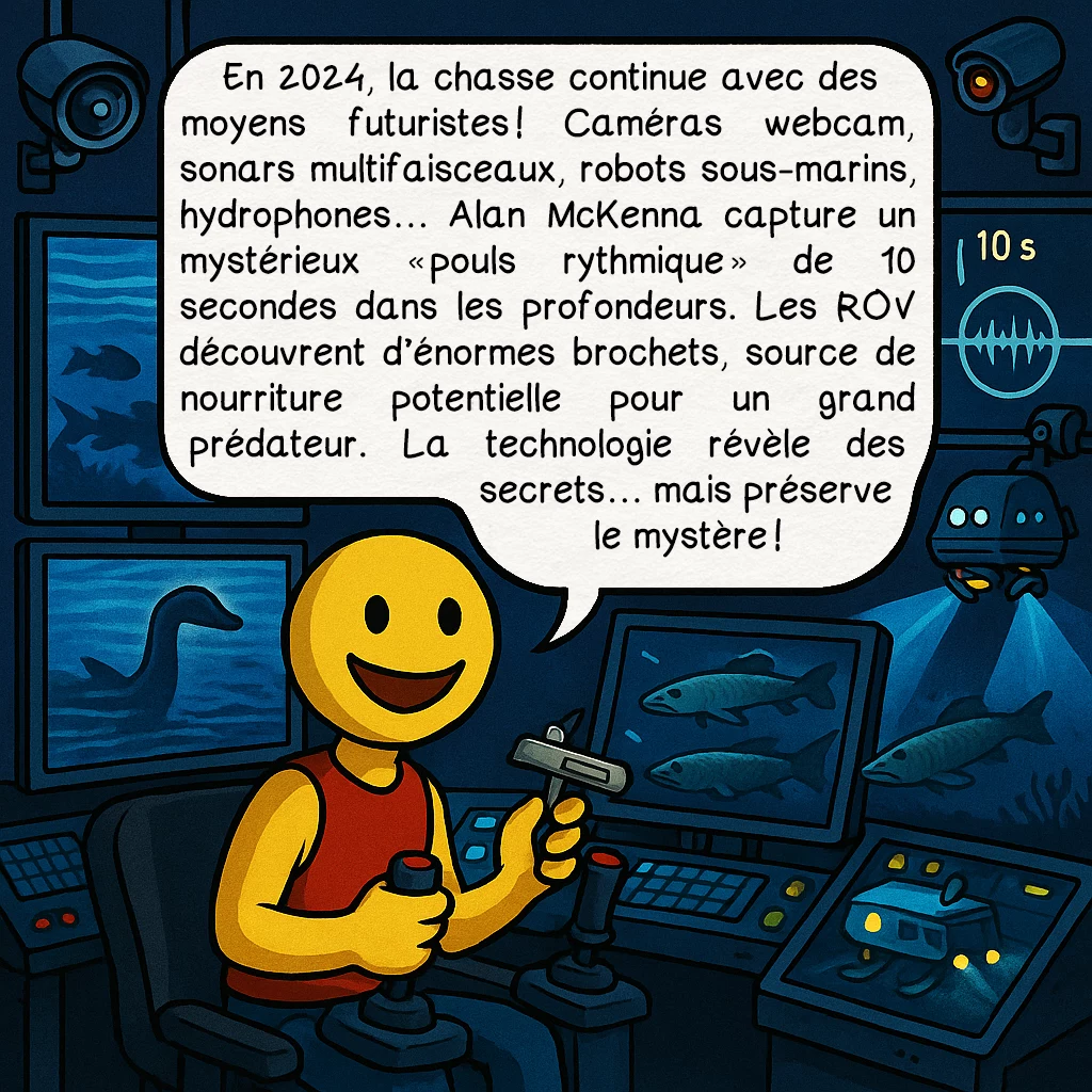 Le monstre du loch Ness, case 9 : En 2024, la chasse continue avec des moyens futuristes ! Caméras webcam, sonars multifaisceaux, robots sous-marins, hydrophones… Alan McKenna capture un mystérieux « pouls rythmique » de 10 secondes dans les profondeurs. Les ROV découvrent d’énormes brochets, source de nourriture potentielle pour un grand prédateur. La technologie révèle des secrets… mais préserve le mystère !