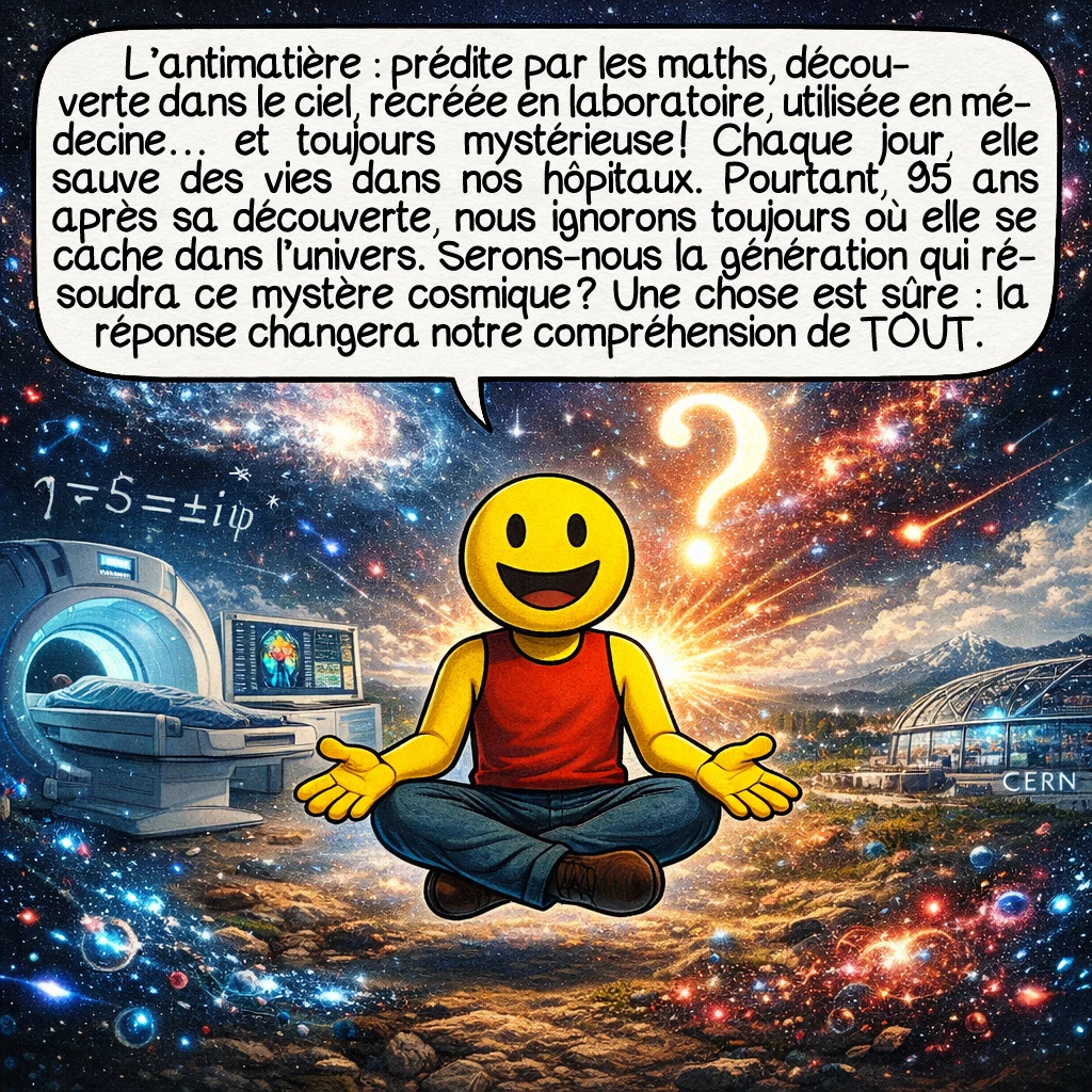 L’antimatière, case 10 : L’antimatière : prédite par les maths, découverte dans le ciel, recréée en laboratoire, utilisée en médecine… et toujours mystérieuse ! Chaque jour, elle sauve des vies dans nos hôpitaux. Pourtant, 95 ans après sa découverte, nous ignorons toujours où elle se cache dans l’univers. Serons-nous la génération qui résoudra ce mystère cosmique ? Une chose est sûre : la réponse changera notre compréhension de TOUT.