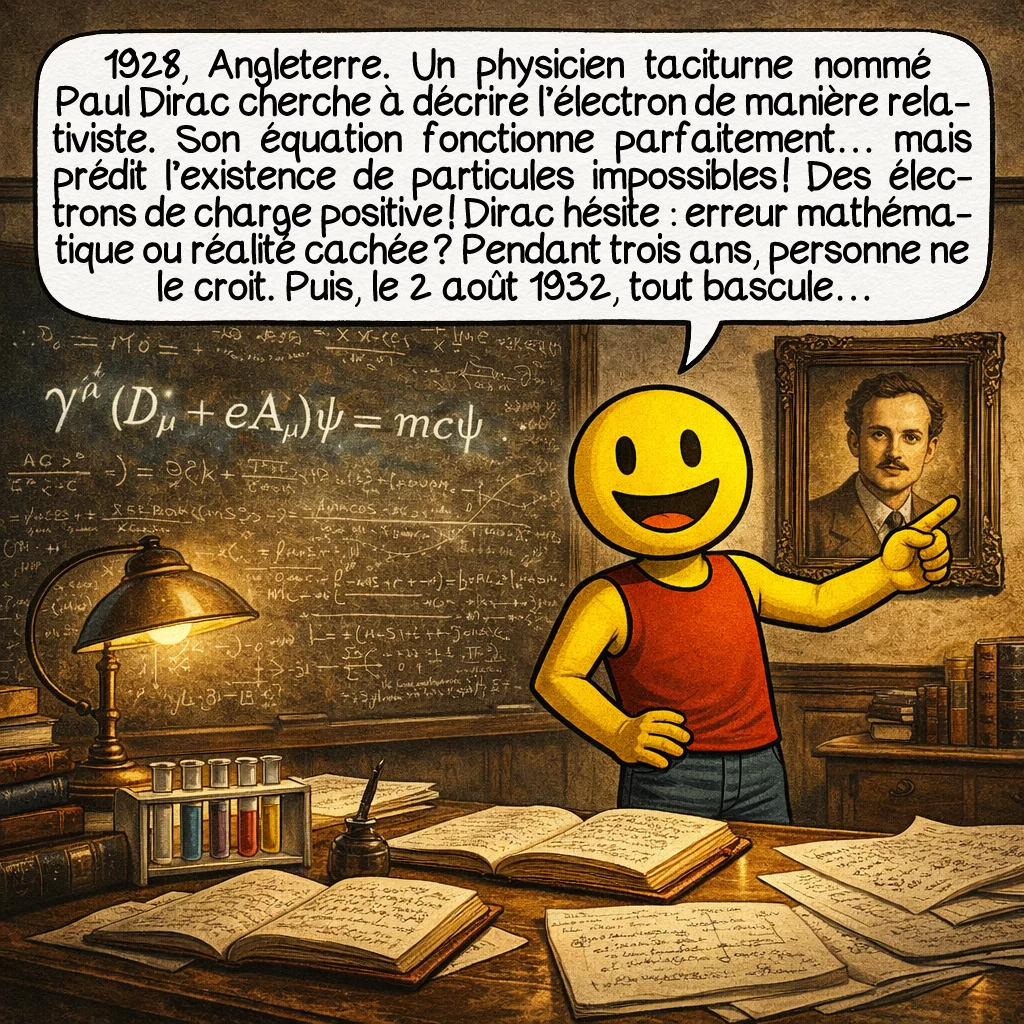 L’antimatière, case 2 : 1928, Angleterre. Un physicien taciturne nommé Paul Dirac cherche à décrire l’électron de manière relativiste. Son équation fonctionne parfaitement… mais prédit l’existence de particules impossibles ! Des électrons de charge positive ! Dirac hésite : erreur mathématique ou réalité cachée ? Pendant trois ans, personne ne le croit. Puis, le 2 août 1932, tout bascule…