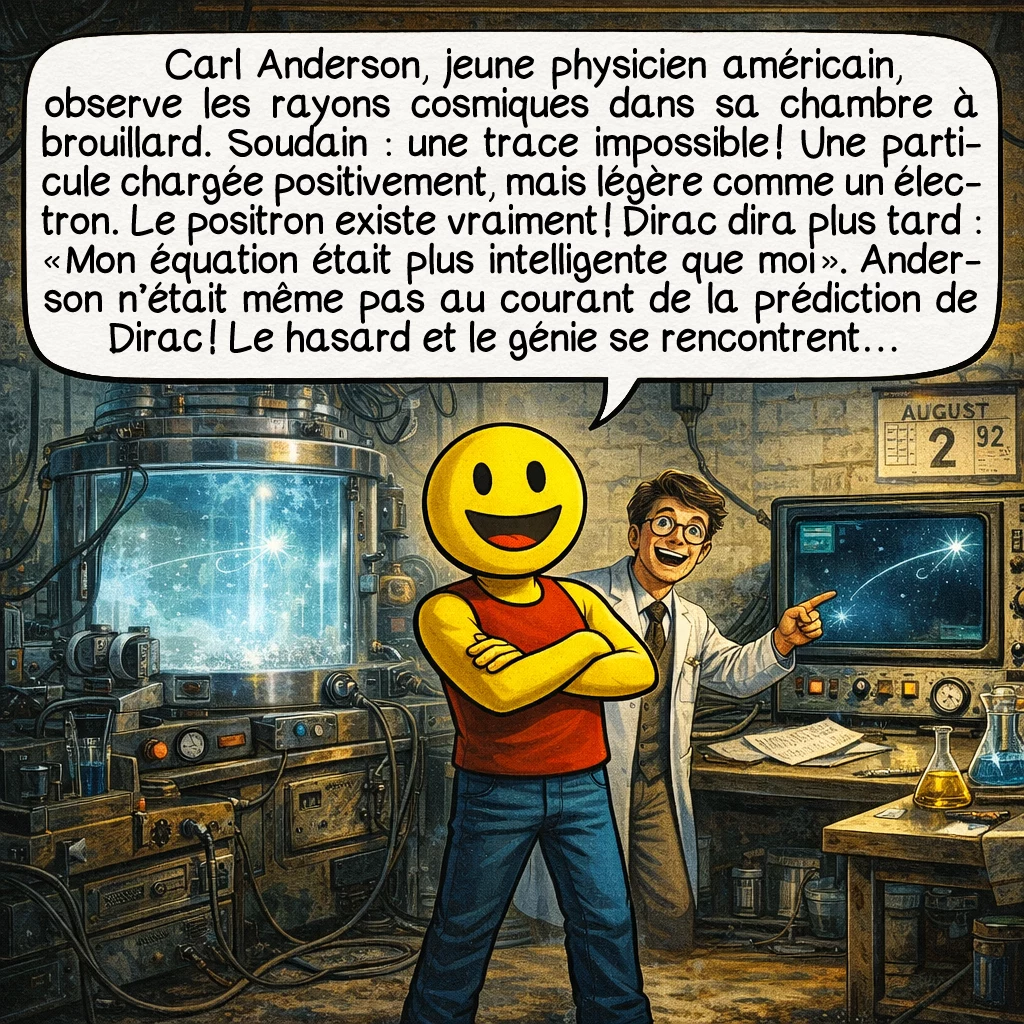 L’antimatière, case 3 : Carl Anderson, jeune physicien américain, observe les rayons cosmiques dans sa chambre à brouillard. Soudain : une trace impossible ! Une particule chargée positivement, mais légère comme un électron. Le positron existe vraiment ! Dirac dira plus tard : « Mon équation était plus intelligente que moi ». Anderson n’était même pas au courant de la prédiction de Dirac ! Le hasard et le génie se rencontrent…
