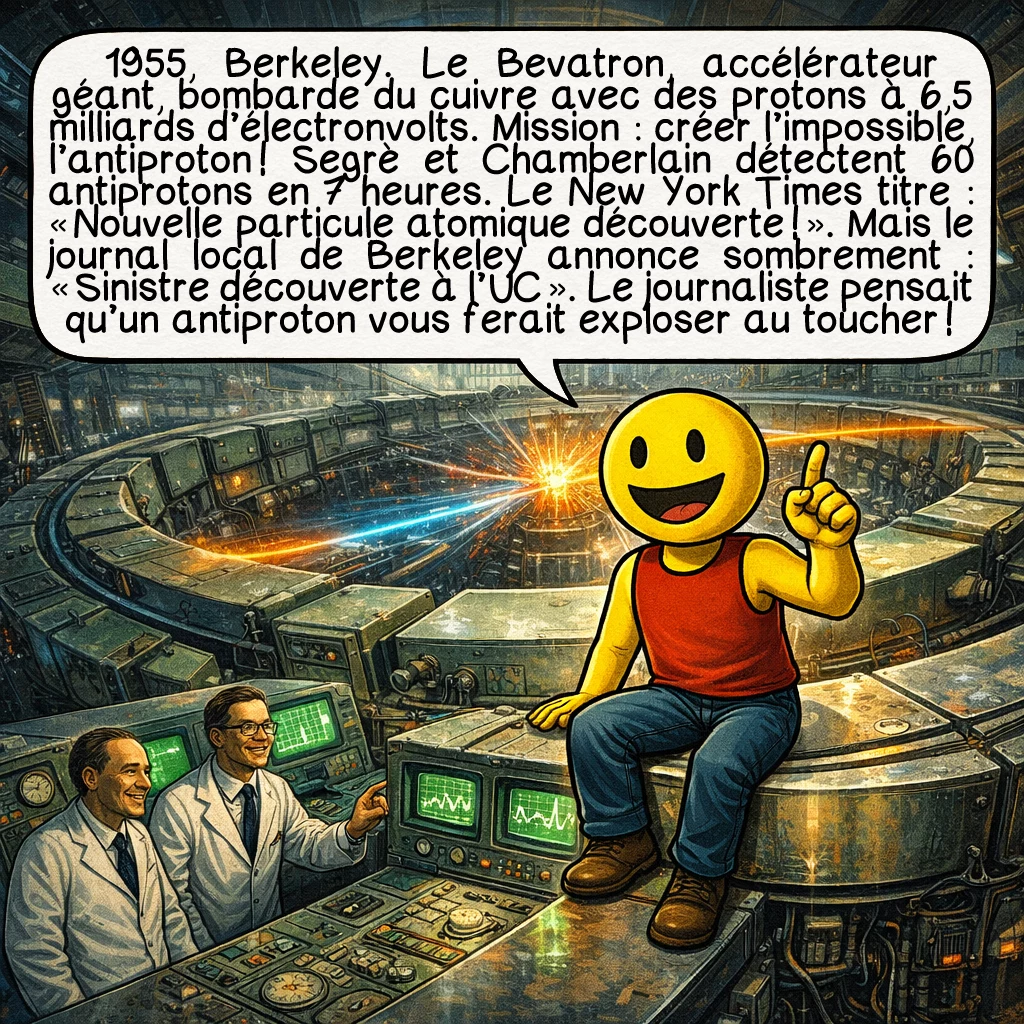 L’antimatière, case 4 : 1955, Berkeley. Le Bevatron, accélérateur géant, bombarde du cuivre avec des protons à 6,5 milliards d’électronvolts. Mission : créer l’impossible, l’antiproton ! Segrè et Chamberlain détectent 60 antiprotons en 7 heures. Le New York Times titre : « Nouvelle particule atomique découverte ! ». Mais le journal local de Berkeley annonce sombrement : « Sinistre découverte à l’UC ». Le journaliste pensait qu’un antiproton vous ferait exploser au toucher !