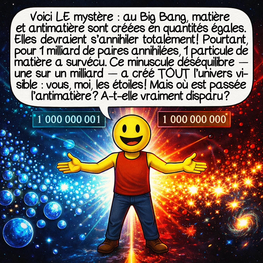 L’antimatière, case 5 : Voici LE mystère : au Big Bang, matière et antimatière sont créées en quantités égales. Elles devraient s’annihiler totalement ! Pourtant, pour 1 milliard de paires annihilées, 1 particule de matière a survécu. Ce minuscule déséquilibre — une sur un milliard — a créé TOUT l’univers visible : vous, moi, les étoiles ! Mais où est passée l’antimatière ? A-t-elle vraiment disparu ?