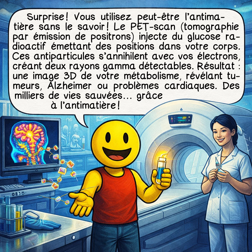 L’antimatière, case 6 : Surprise ! Vous utilisez peut-être l’antimatière sans le savoir ! Le PET-scan (tomographie par émission de positrons) injecte du glucose radioactif émettant des positions dans votre corps. Ces antiparticules s’annihilent avec vos électrons, créant deux rayons gamma détectables. Résultat : une image 3D de votre métabolisme, révélant tumeurs, Alzheimer ou problèmes cardiaques. Des milliers de vies sauvées… grâce à l’antimatière !