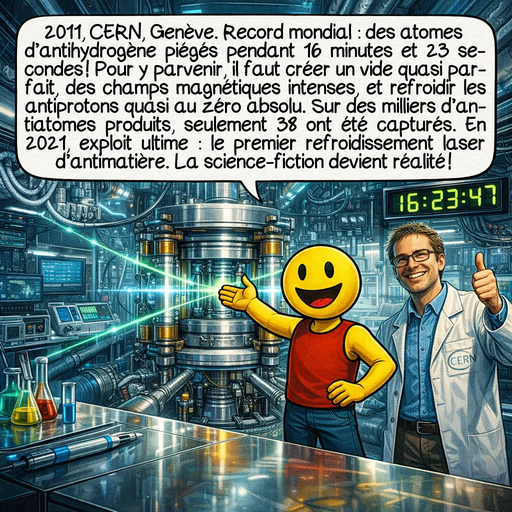 L’antimatière, case 7 : 2011, CERN, Genève. Record mondial : des atomes d’antihydrogène piégés pendant 16 minutes et 23 secondes ! Pour y parvenir, il faut créer un vide quasi parfait, des champs magnétiques intenses, et refroidir les antiprotons quasi au zéro absolu. Sur des milliers d’antiatomes produits, seulement 38 ont été capturés. En 2021, exploit ultime : le premier refroidissement laser d’antimatière. La science-fiction devient réalité !