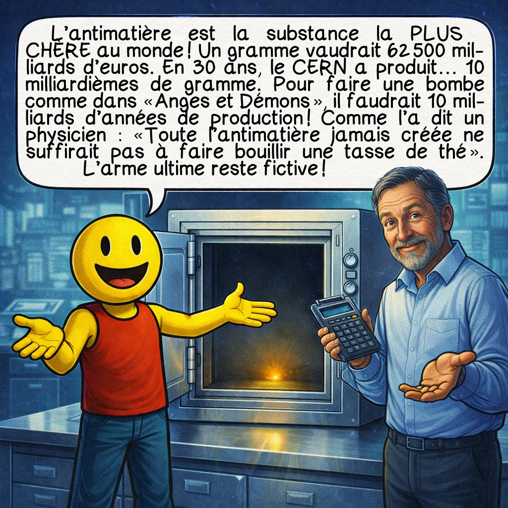 L’antimatière, case 8 : L’antimatière est la substance la PLUS CHÈRE au monde ! Un gramme vaudrait 62 500 milliards d’euros. En 30 ans, le CERN a produit… 10 milliardièmes de gramme. Pour faire une bombe comme dans « Anges et Démons », il faudrait 10 milliards d’années de production ! Comme l’a dit un physicien : « Toute l’antimatière jamais créée ne suffirait pas à faire bouillir une tasse de thé ». L’arme ultime reste fictive !