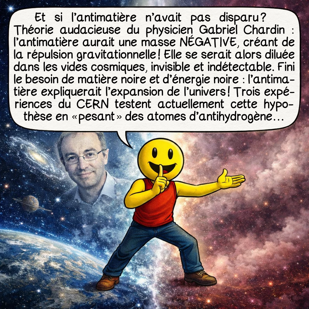 L’antimatière, case 9 : Et si l’antimatière n’avait pas disparu ? Théorie audacieuse du physicien Gabriel Chardin : l’antimatière aurait une masse NÉGATIVE, créant de la répulsion gravitationnelle ! Elle se serait alors diluée dans les vides cosmiques, invisible et indétectable. Fini le besoin de matière noire et d’énergie noire : l’antimatière expliquerait l’expansion de l’univers ! Trois expériences du CERN testent actuellement cette hypothèse en « pesant » des atomes d’antihydrogène…