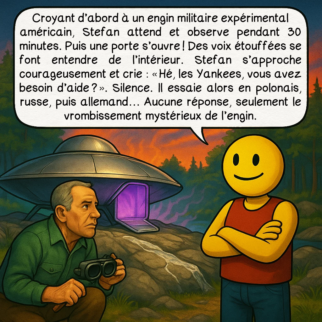 L’incident du lac Falcon, case 3 : Croyant d’abord à un engin militaire expérimental américain, Stefan attend et observe pendant 30 minutes. Puis une porte s’ouvre ! Des voix étouffées se font entendre de l’intérieur. Stefan s’approche courageusement et crie : « Hé, les Yankees, vous avez besoin d’aide ? ». Silence. Il essaie alors en polonais, russe, puis allemand… Aucune réponse, seulement le vrombissement mystérieux de l’engin.
