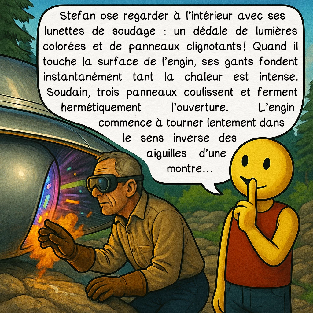 L’incident du lac Falcon, case 4 : Stefan ose regarder à l’intérieur avec ses lunettes de soudage : un dédale de lumières colorées et de panneaux clignotants ! Quand il touche la surface de l’engin, ses gants fondent instantanément tant la chaleur est intense. Soudain, trois panneaux coulissent et ferment hermétiquement l’ouverture. L’engin commence à tourner lentement dans le sens inverse des aiguilles d’une montre…