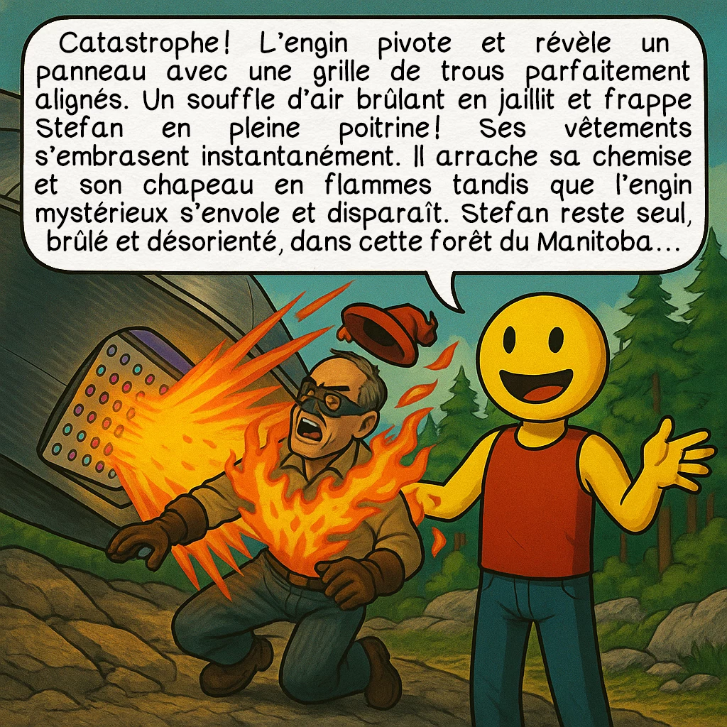 L’incident du lac Falcon, case 5 : Catastrophe ! L’engin pivote et révèle un panneau avec une grille de trous parfaitement alignés. Un souffle d’air brûlant en jaillit et frappe Stefan en pleine poitrine ! Ses vêtements s’embrasent instantanément. Il arrache sa chemise et son chapeau en flammes tandis que l’engin mystérieux s’envole et disparaît. Stefan reste seul, brûlé et désorienté, dans cette forêt du Manitoba…