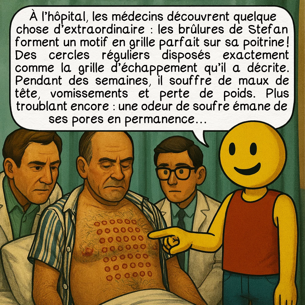 L’incident du lac Falcon, case 6 : À l’hôpital, les médecins découvrent quelque chose d’extraordinaire : les brûlures de Stefan forment un motif en grille parfait sur sa poitrine ! Des cercles réguliers disposés exactement comme la grille d’échappement qu’il a décrite. Pendant des semaines, il souffre de maux de tête, vomissements et perte de poids. Plus troublant encore : une odeur de soufre émane de ses pores en permanence…