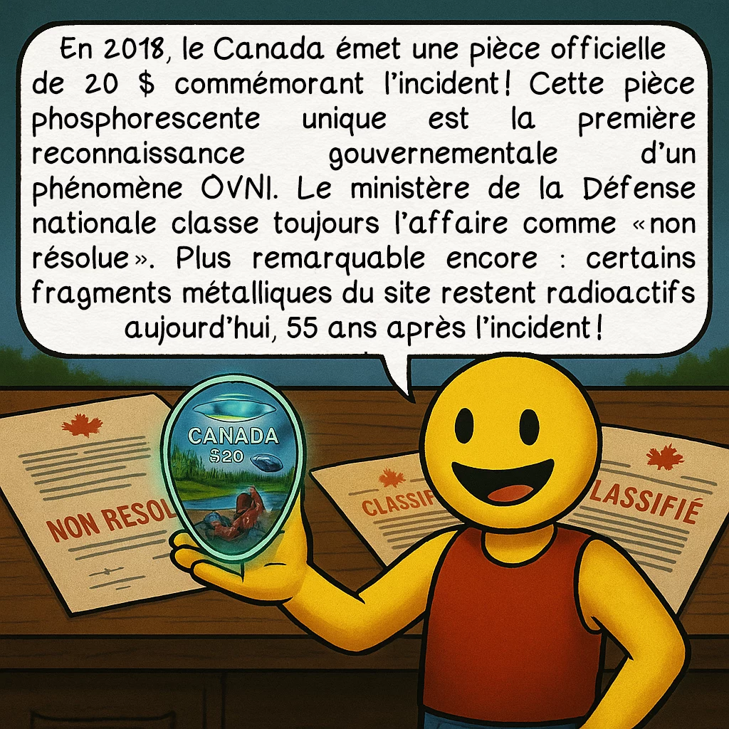 L’incident du lac Falcon, case 9 : En 2018, le Canada émet une pièce officielle de 20 $ commémorant l’incident ! Cette pièce phosphorescente unique est la première reconnaissance gouvernementale d’un phénomène OVNI. Le ministère de la Défense nationale classe toujours l’affaire comme « non résolue ». Plus remarquable encore : certains fragments métalliques du site restent radioactifs aujourd’hui, 55 ans après l’incident !
